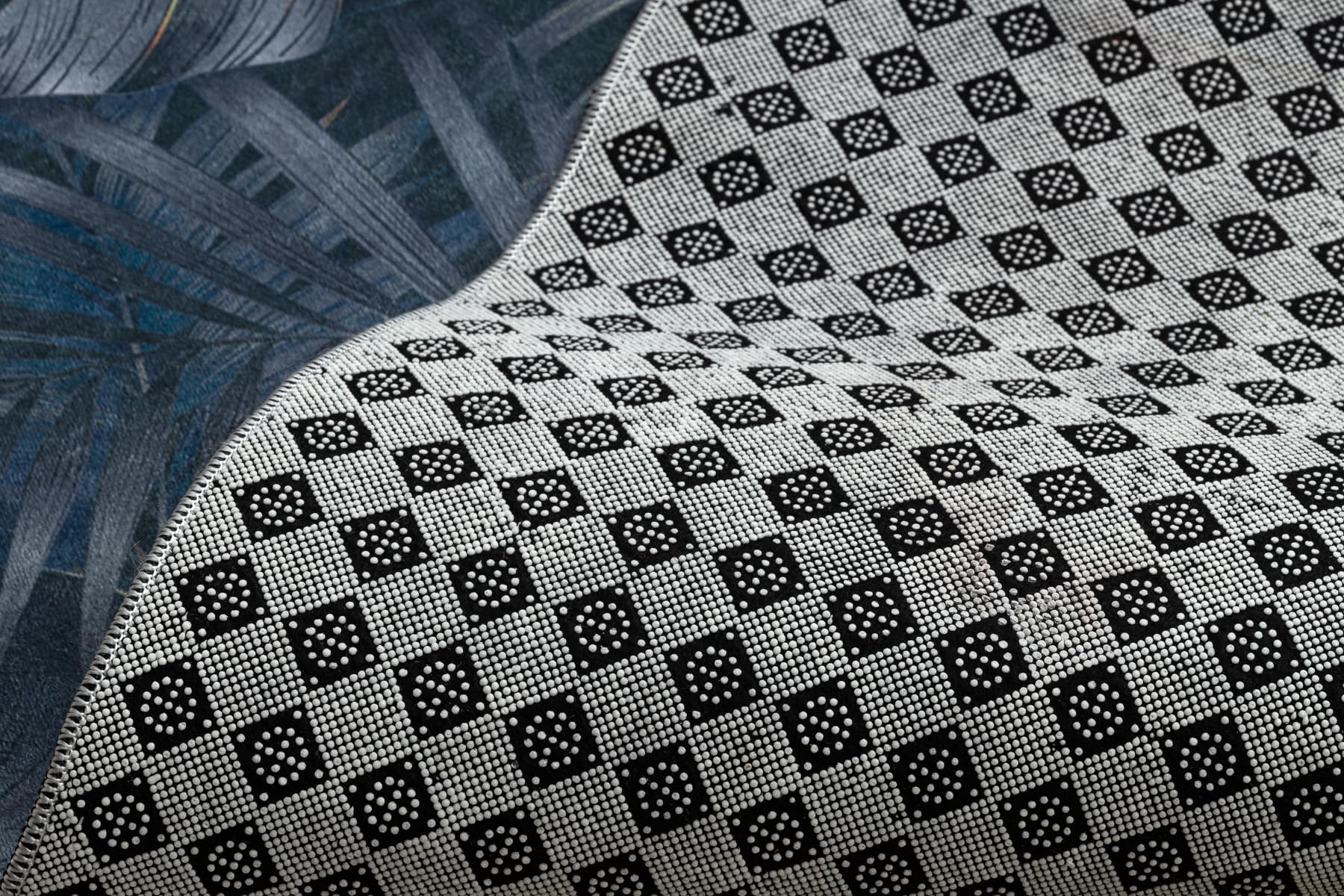 rugsx Tapis Antidérapant Lotus Ferns 45270 Feuilles Gris/Or - Lavable - 60x350 cm - Tapis de Couloir Antiglisse pour Cuisine et Entrée