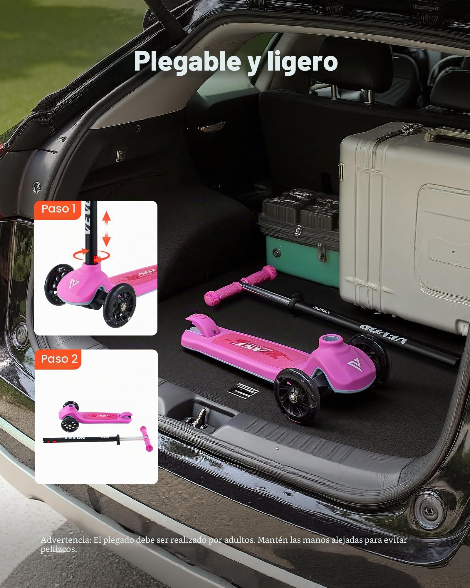 VEVOR Patinete 3 Ruedas, para Niños de 3 Años en Adelante, Ruedas Iluminadas, Manillar de Altura Ajustable, Base Antideslizante y Cuadro de Aluminio Ligero, hasta 75 kg, Rosa, 520 x 250 x 800 mm