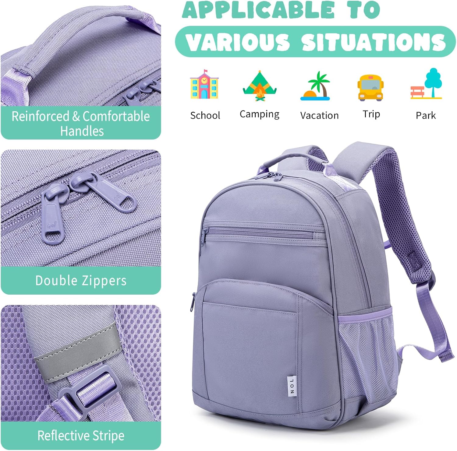 NOL Natural Organic Lifestyle Kids Backpack, School Backpacks for Teens Girls Boys, School Bookbag with Pencil Bag & Reflective Stripe for Elementary School - Light purple - Image 5