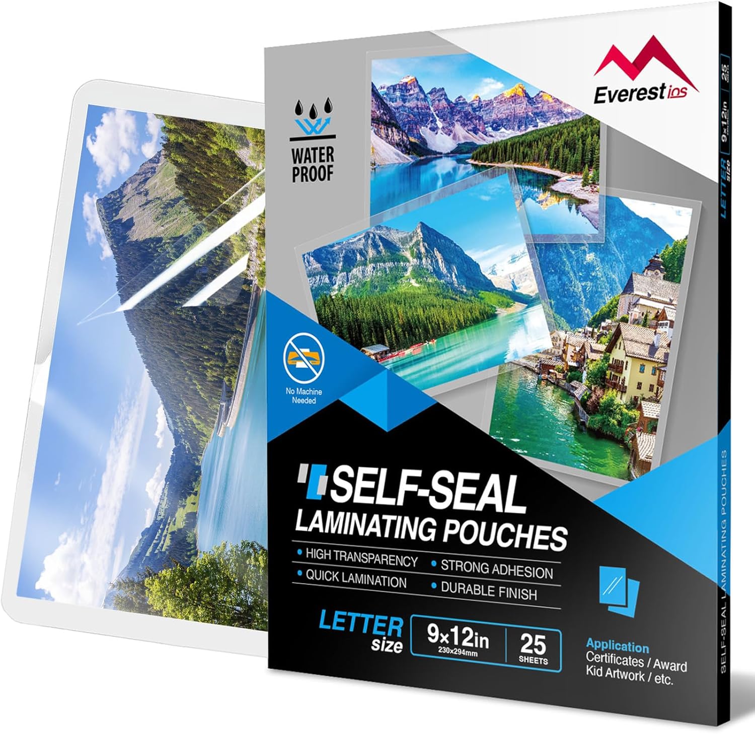 Everest Self Seal Laminating Pouches, Self Sealing for Letter Size, 9x12 Inch, Document and Certificate, Waterproof, 10 Mil Thick, Gloss Finish, No Machine Needed (9X12, 25, Pack)