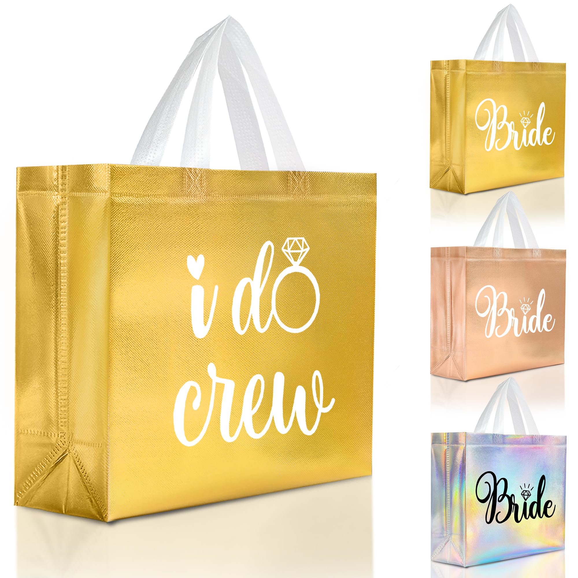 Nush Nush Large Gold Bridesmaids Gift Bags Bulk - Set of 12 Reusable I Do Crew Gift Bag (3 x Bride and 9 x I Do Crew Bags) - Wedding Favors,