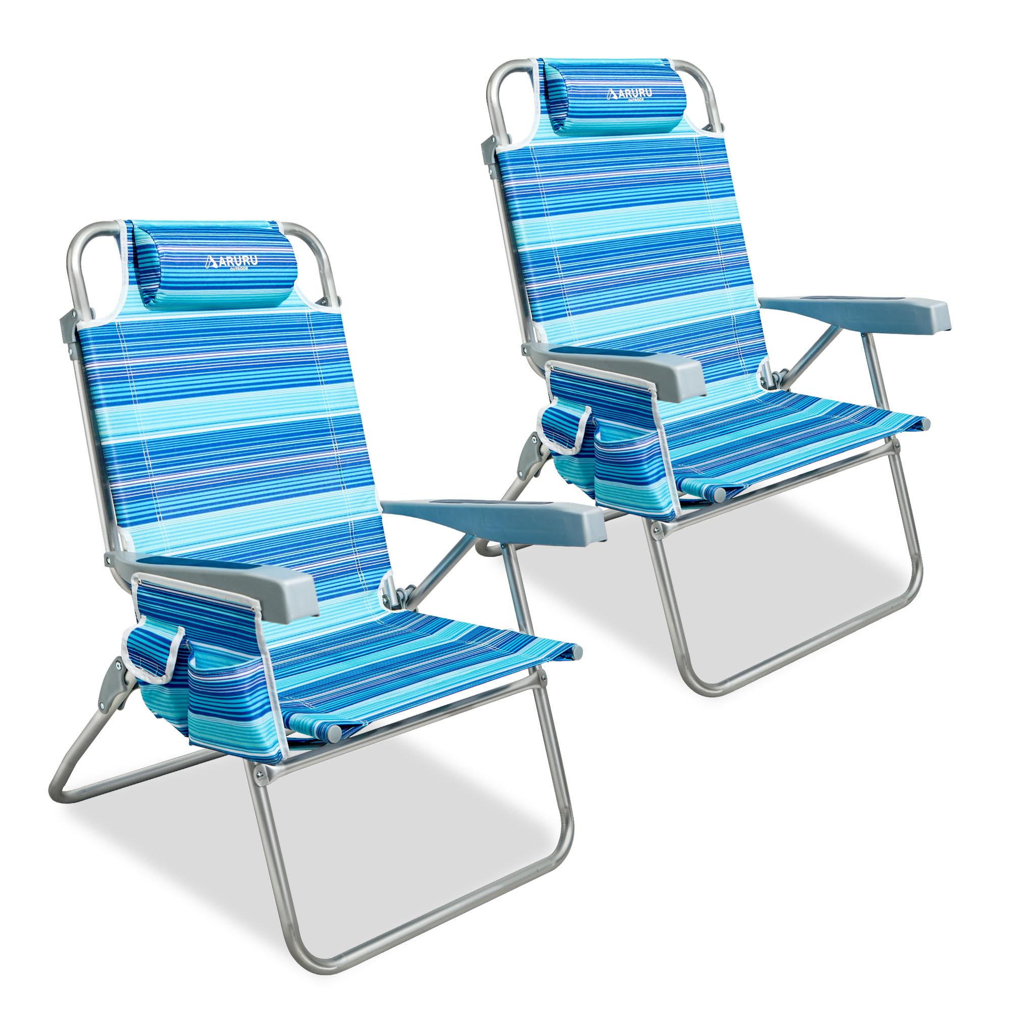 ARURU Tall Beach Chairs for Adults Set of 2, Portable Reclining Beach Chair Heavy Duty 5-Position Lay Flat with Cooler Bag, Drink Holder for Outdoor/Lawn/Trip/Picnic/Camping/Poolside