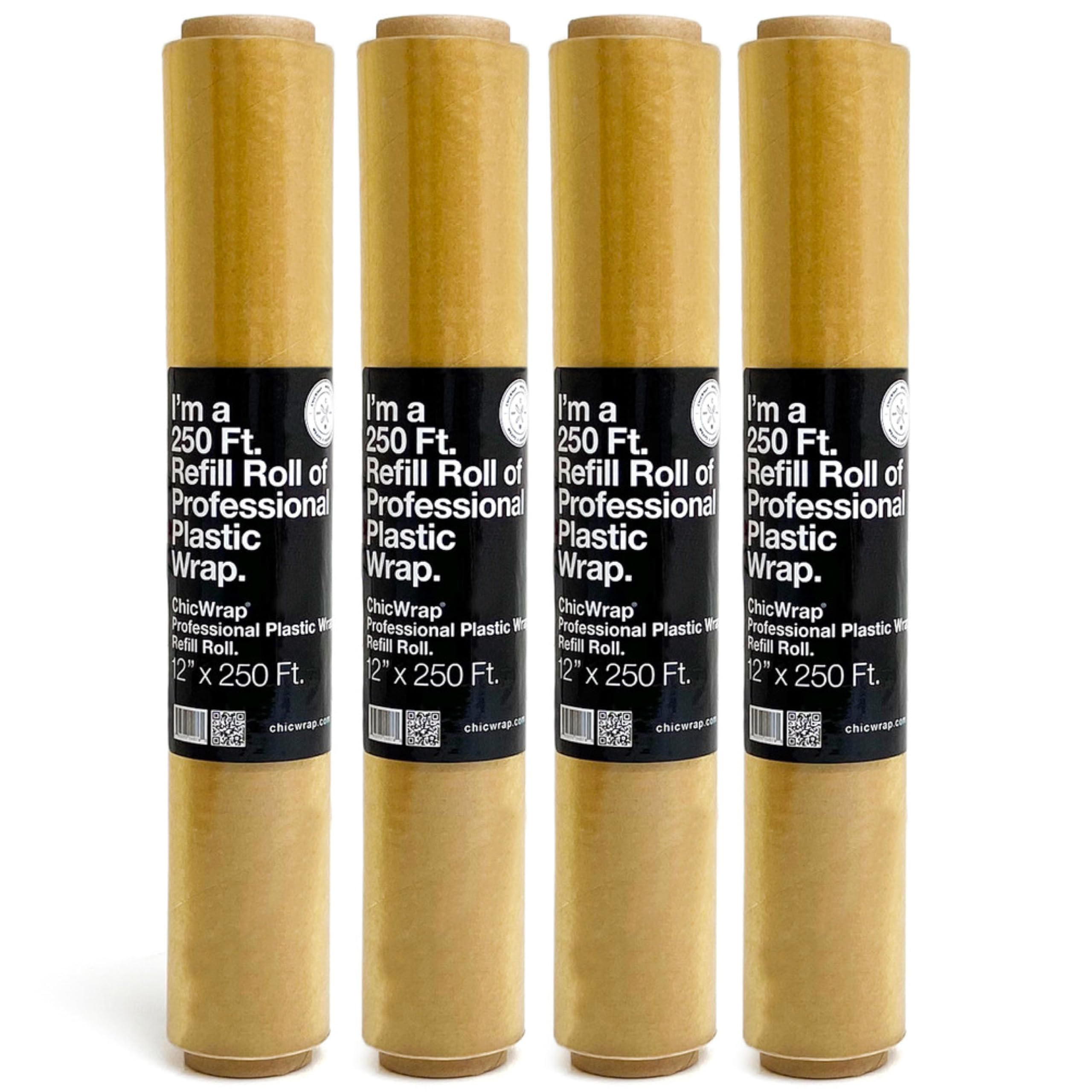 ChicWrap Professional Plastic Wrap Refill Rolls - 4 Pack, 12" x 250' BPA-Free Clear Wrap - Microwave Safe, Air-Tight Seal for Food Preservation - Ideal for ChicWrap Dispensers, Food Storage & Wrapping