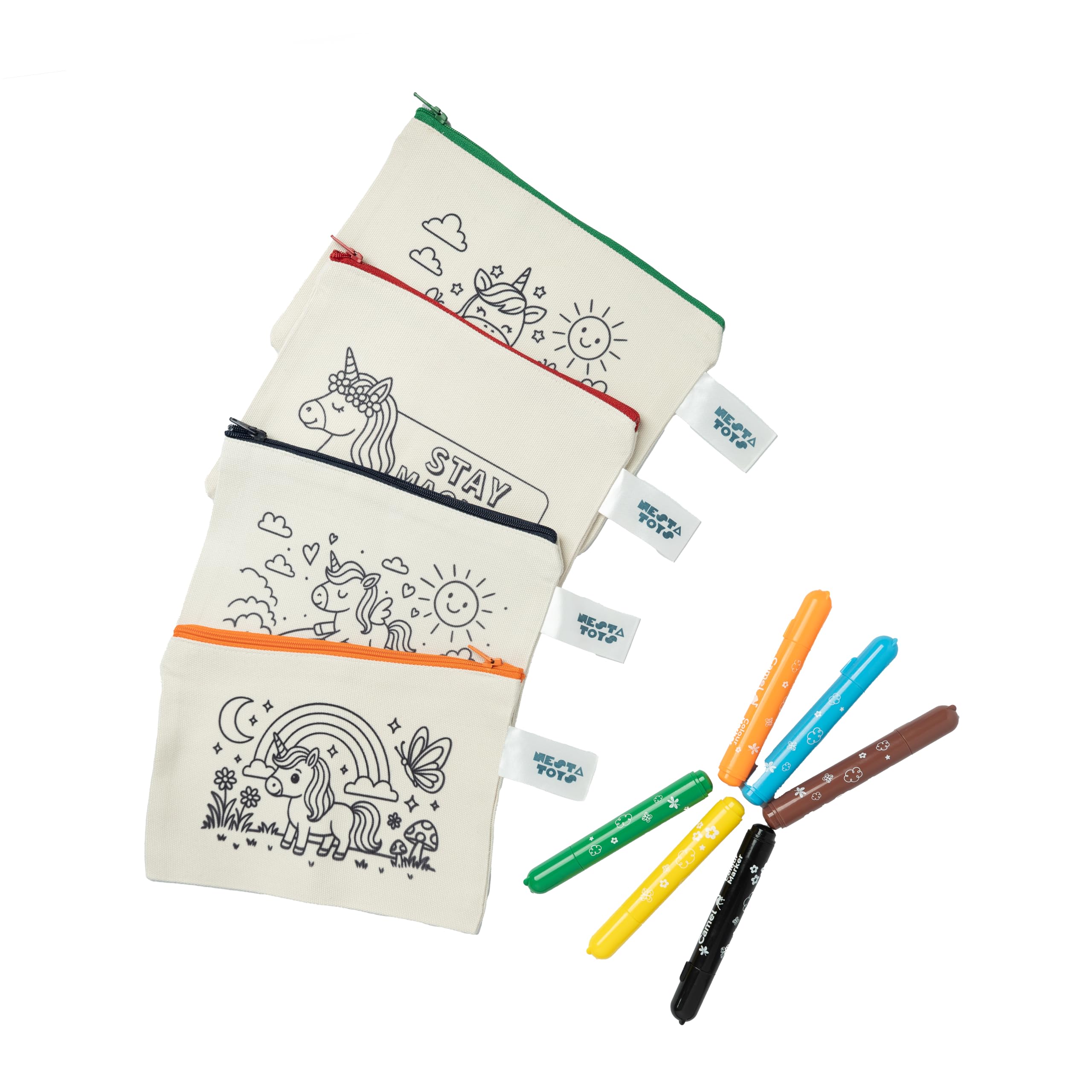 NESTA TOYS DIY Coloring Cotton Pouch – Unicorn Theme Color My Unicorn Pouch for Kids Set of 4