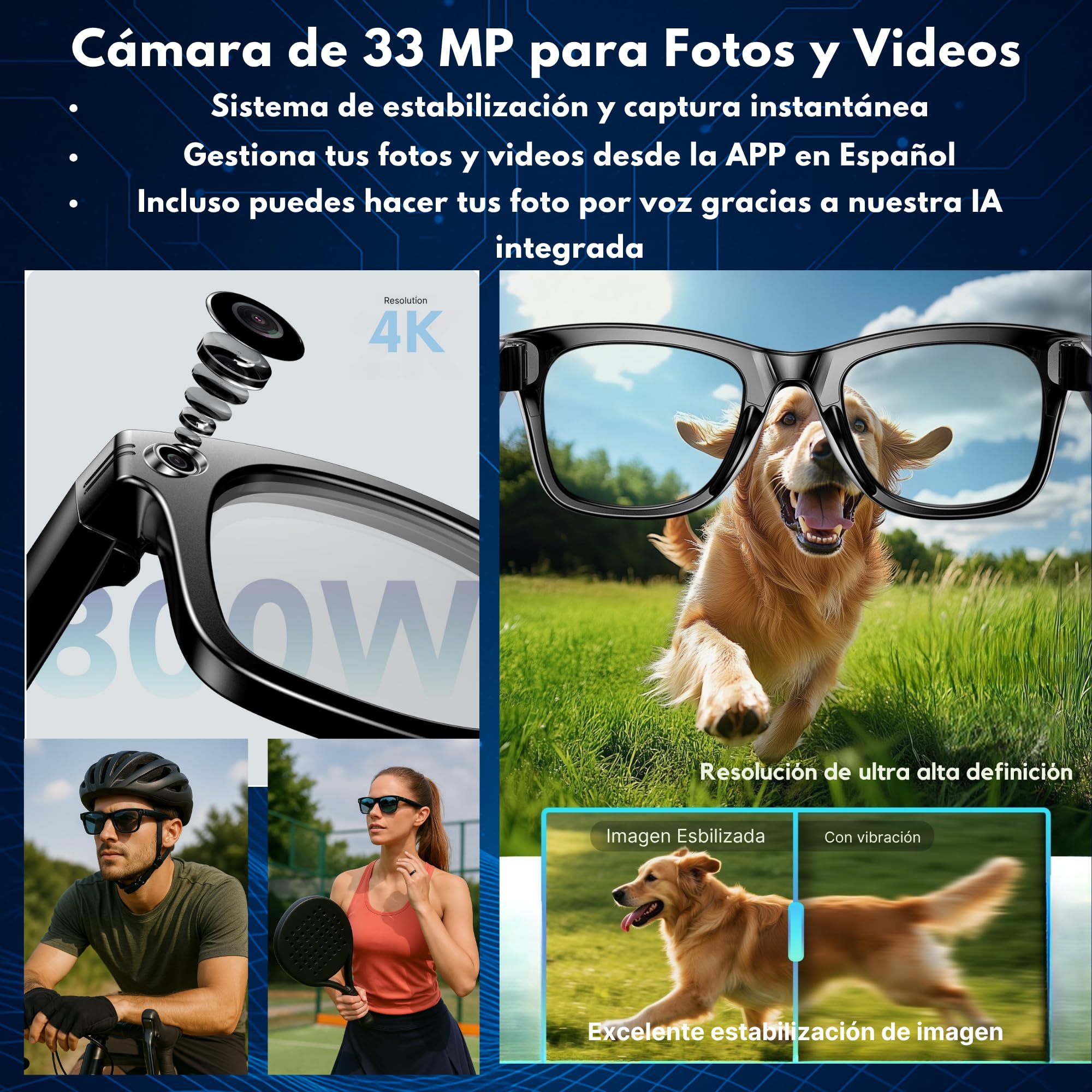 SMARTIA - Gafas inteligentes con cámara, Funda de Carga Portátil, Gafas de sol bluetooth, Manos libres con IA integrada por Voz, APP incluida en español, Smart glasses y Traductor 20 idiomas, 33 MP 4K