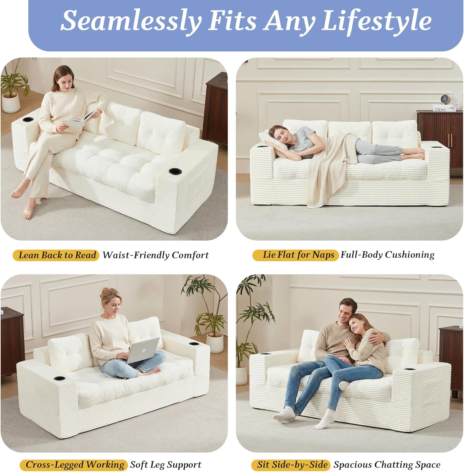 HOMREST Boneless Couch for Living Room, 75" Modern 3-Seater Sofa with Deep Seat, Upholstered Cloud Sofa with Cup Holder, No Assembly Couch, Compressed Floor Sofa for Bedroom, Dorm, Apartment,Beige