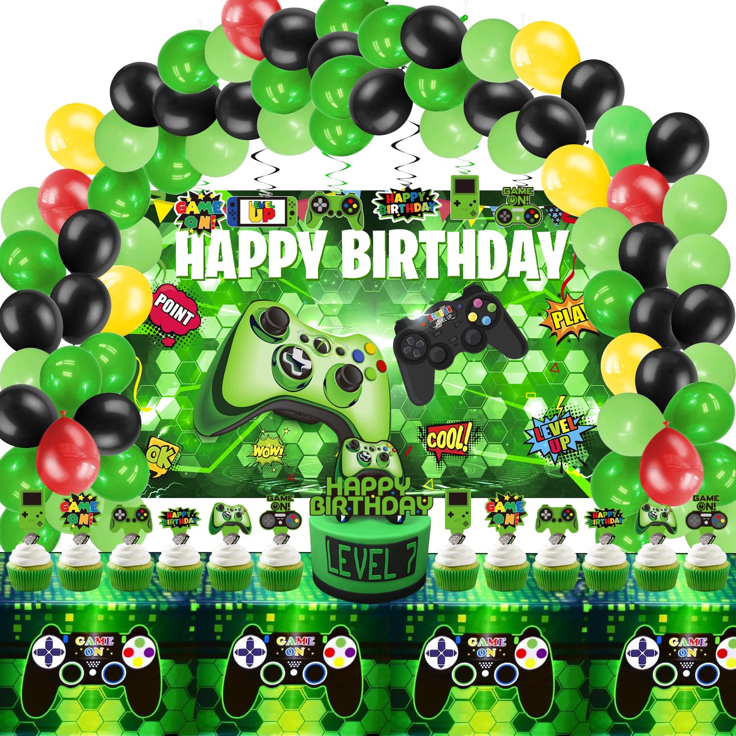 KimaruLZ Video Game Birthday Party Decorations - 108Pcs Green Gamer Gaming Party Supplies For Boys Birthday Party - Backdrop, Table Cover, Hanging