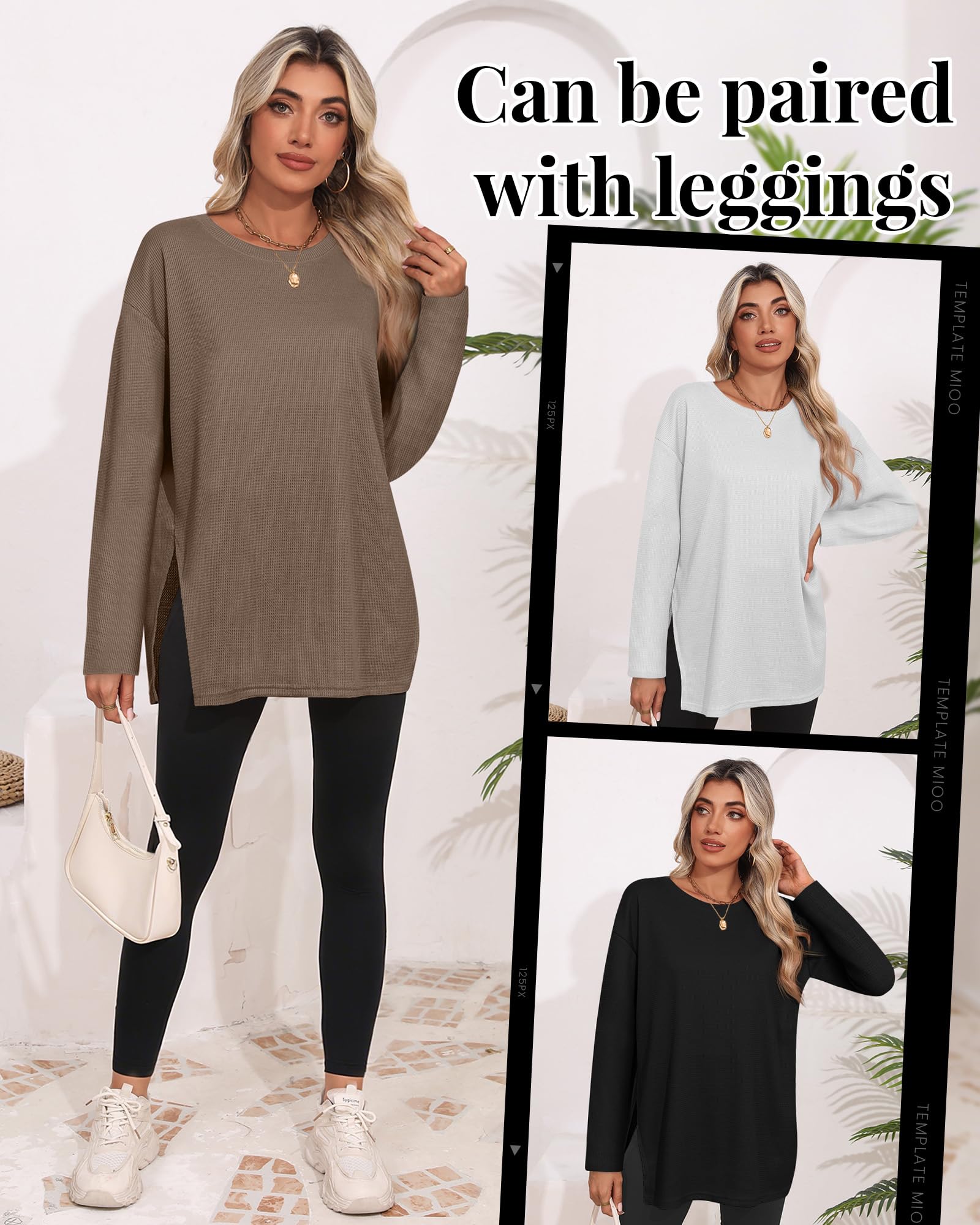 Tenare Pack de 3 Camisetas Waffle Mujer Manga Larga, Oversize Cuello Redondo, T-Shirts Amplias Otoño Invierno Básicas Blusas