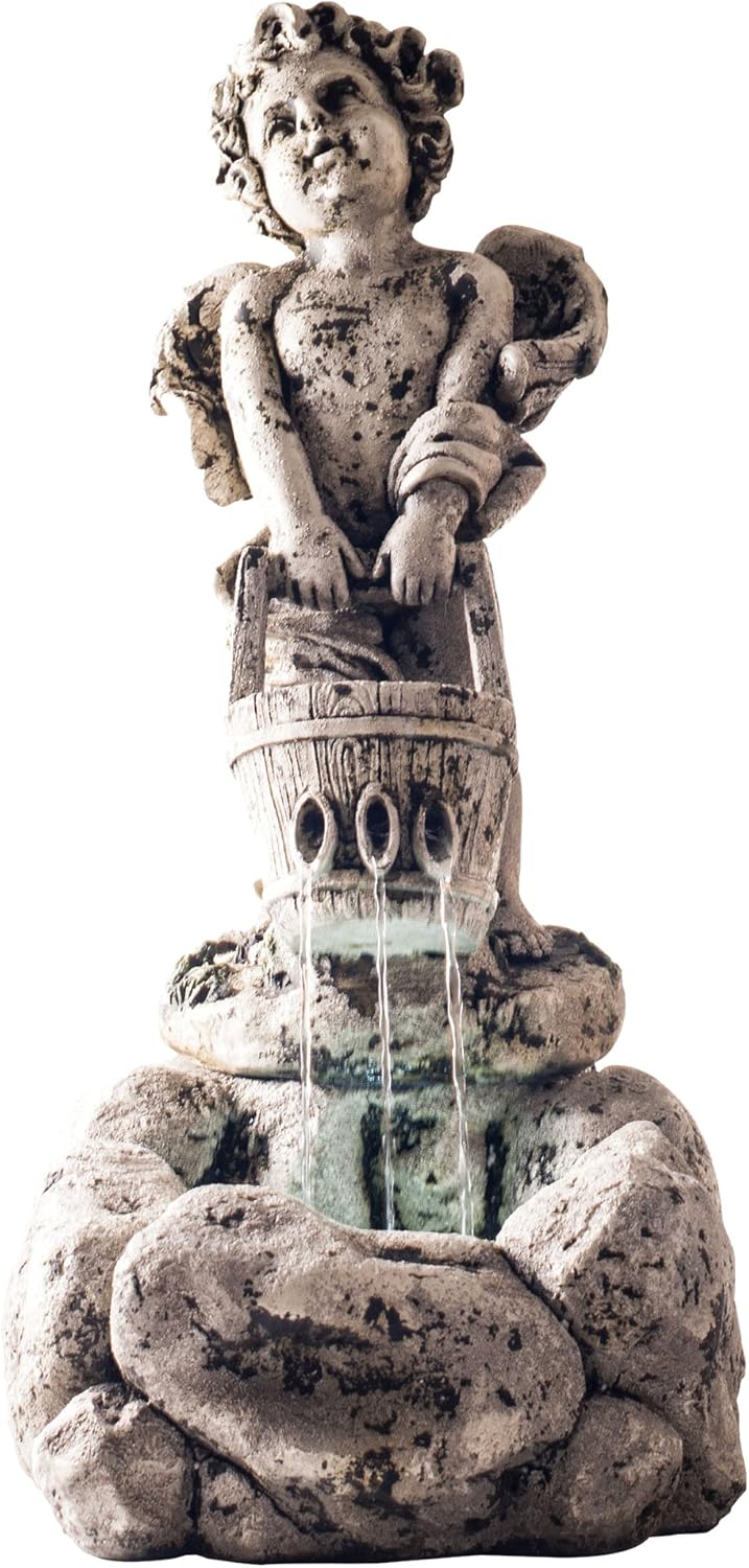 Outdoor Water Fountain With LED Lights, Lighted Cherub Angel Fountain With Antique Stone Design for Decor on Patio, Lawn and Garden By Pure Garden 10.25x15