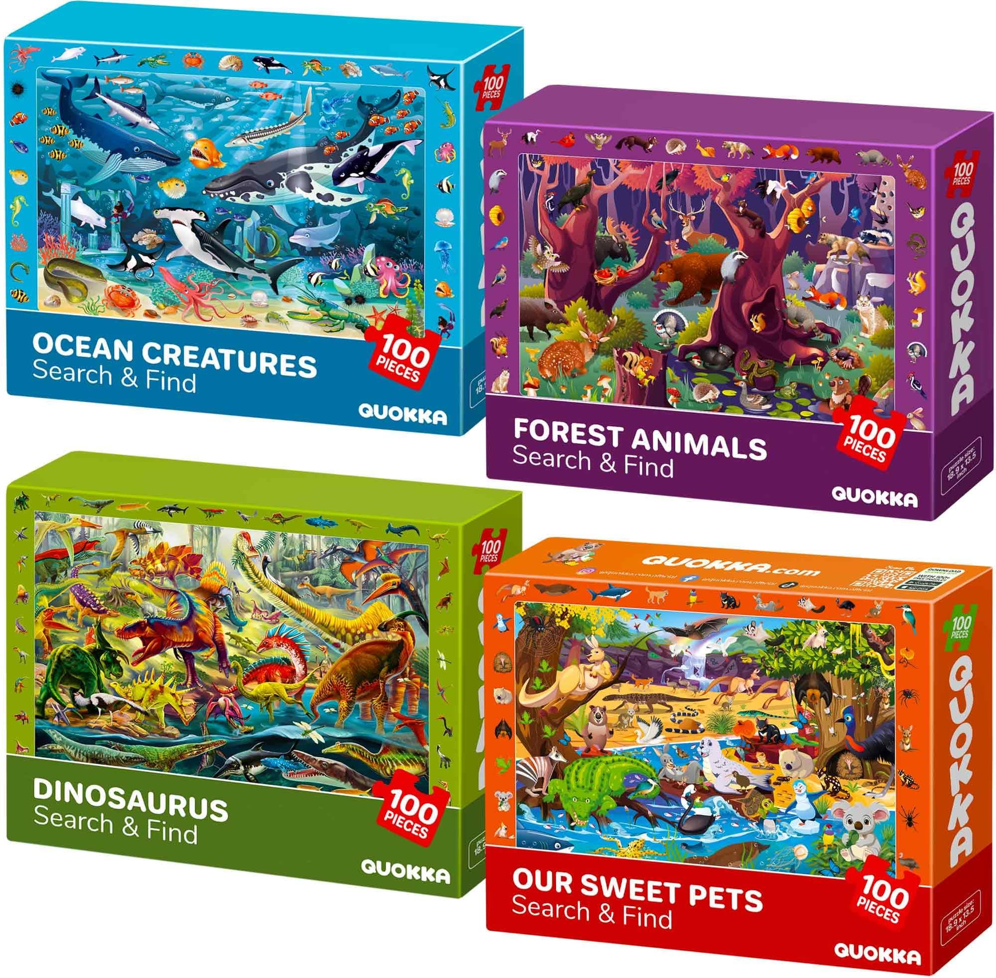 QUOKKA Kids Puzzles For 3 4 Year Olds - 4x100 Piece Jigsaw Puzzles For Children Age 5-8 - Jigsaw Toys for Learning Sea Wild Animals & Dinosaurs - Educational Girls & Boys Game Age 6 7