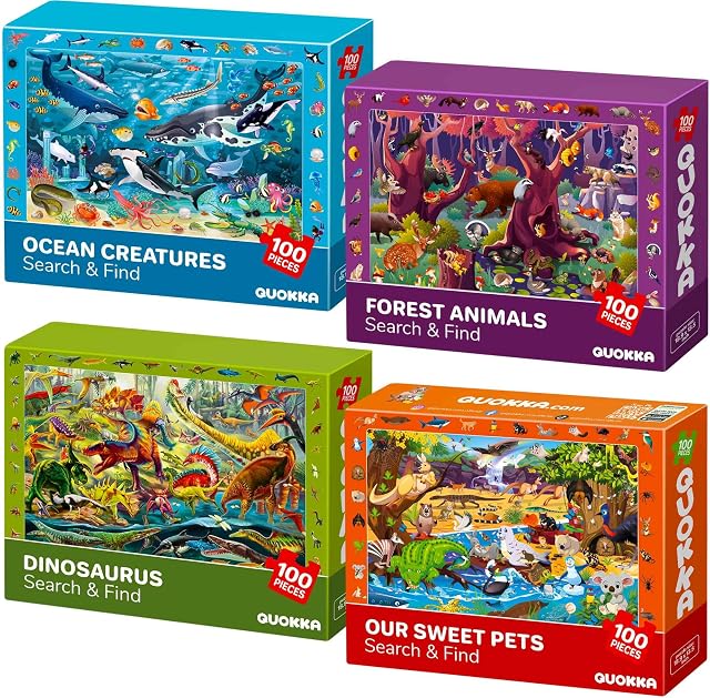 QUOKKA 100 Piece Puzzles for Kids Ages 4-6 - 4 Jigsaw Puzzles for Kids Ages 6-8 - Search and Find Game with Animals, Dinosaurs for Childrens 5-8 - Learning Educational Toys for Boys and Girls 8-10