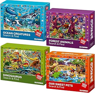 QUOKKA 100 Piece Puzzles for Kids Ages 4-6 - 4 Jigsaw Puzzles for Kids Ages 6-8 - Search and Find Game with Animals, Dinosaurs for Childrens 5-8 - Learning Educational Toys for Boys and Girls 8-11