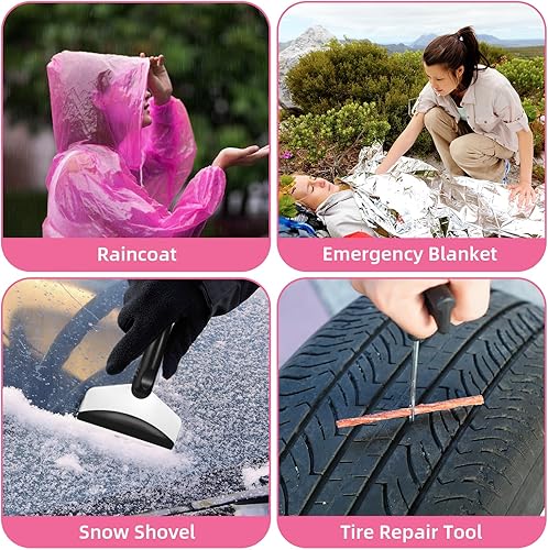 Miniatura 7 de Kit de emergencia de coche para vehículos, kit de primeros auxilios rosa para automóvil con cables de puente, kits de seguridad para automóvil,