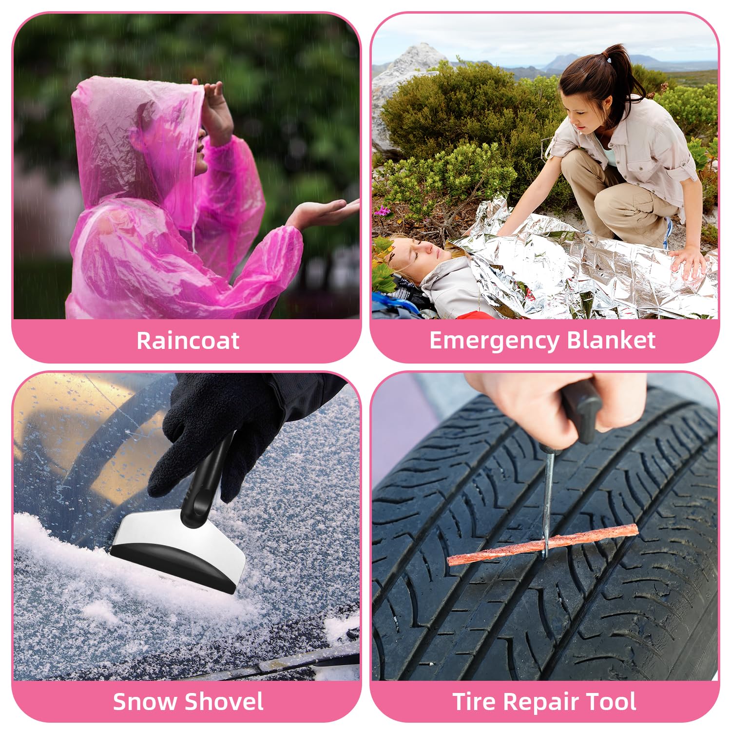 Roadside Emergency Car Kit for Vehicles, Pink Car First Aid Kit Emergency Kit with Jumper Cables, Car Safety Kits, Tow Strap, Tool Kit, Road Trip Assistance for Men, Women, New Driver Gifts