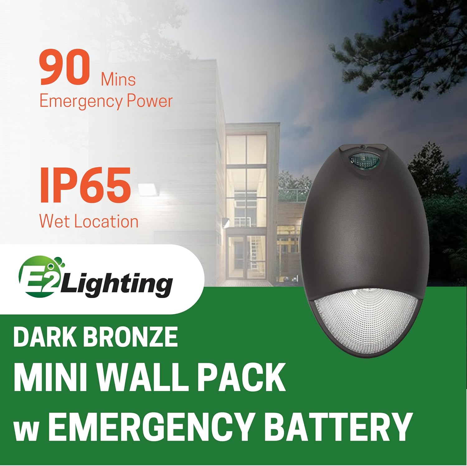 E2 LIGHTING Mini Wall Pack Emergency Lights, LED Emergency Lights with Battery Backup, 90min Power, Photocell Sensor, IP65, Wet Resistant, Dark Bronze, 12W for Business and Home