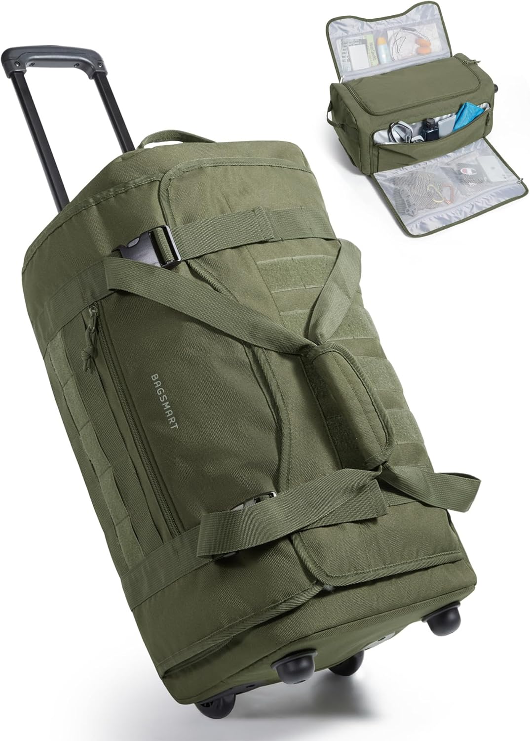 BAGSMART Rolling Duffle Bag with Wheels, Tactical Carry on Luggage, Travel Bag Gym Duffel for Men Women, Duffel with PVC Wet Pocket, Olive green