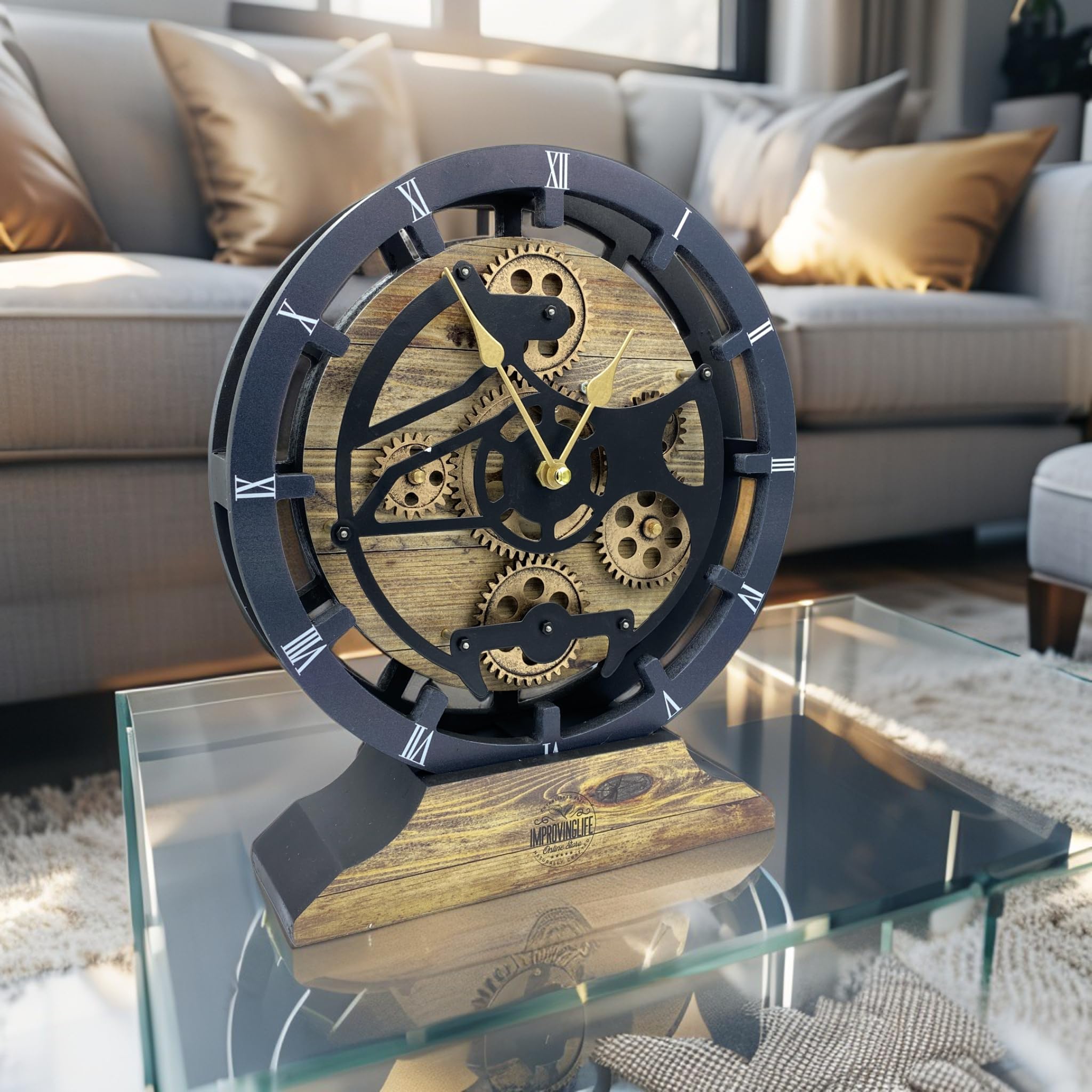 Tischuhr 25,4 cm mit echten beweglichen Zahnrädern umwandelbar in Wanduhr (Gold Antik)