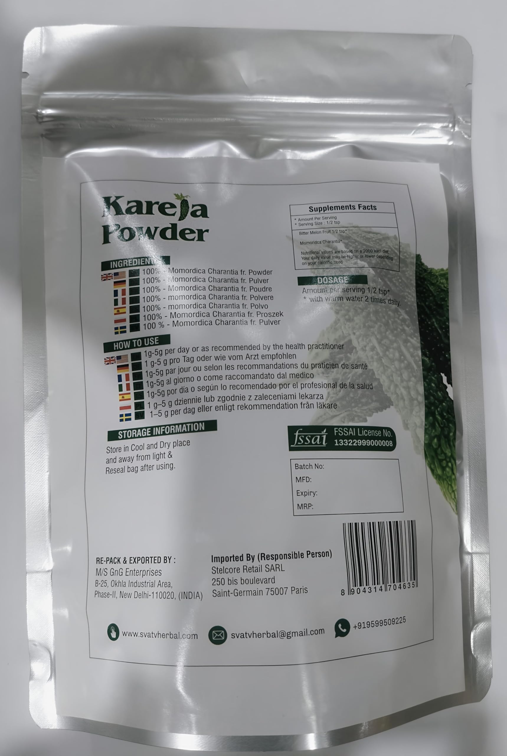 Karela Powder (melone amaro) | Buono per la pelle | Antiossidanti | Senza conservanti | Senza glutine - (227g)