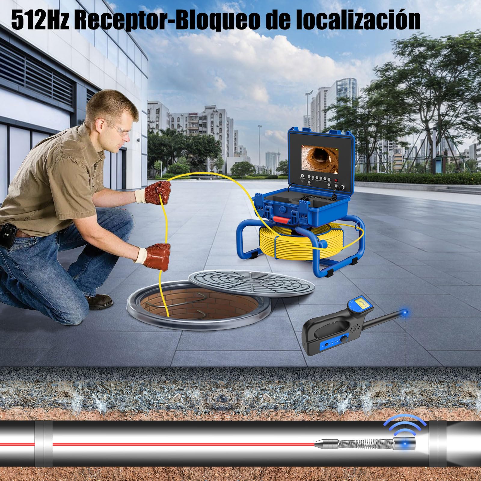 Cámara de inspección de tuberías 30M con DVR,Dnenellr Camara Tuberias Pantalla en Color IPS de 7", Camara Endoscopica Industrial Impermeable, 32GB (with Locator)