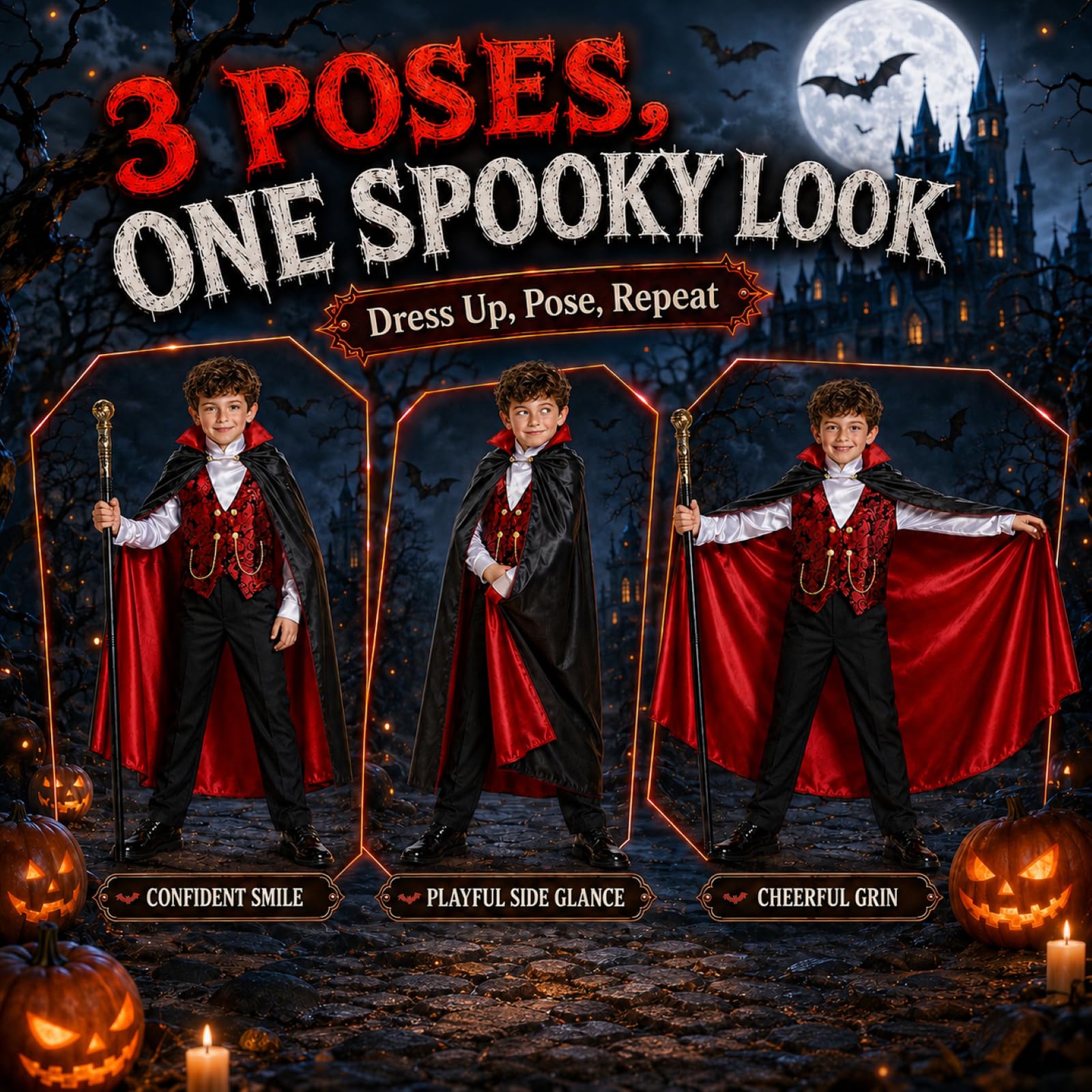 Kostium Wampira dla Chłopców 3 4 5 6 7 8 Lat, Halloween strój do gry roli 3-5 5-8, prezent Halloween z płaszczem, kamizelką, spodniami i berłem, Mały