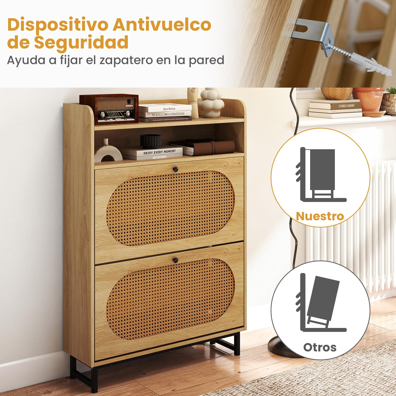 COSTWAY Zapatero Armario con 2 Cajones Abatibles, Mueble Zapatero Estrecho Puertas de Ratán y Patas de Metal, Entrada Recibidor Pasillo, 80 x 24 x 115 cm