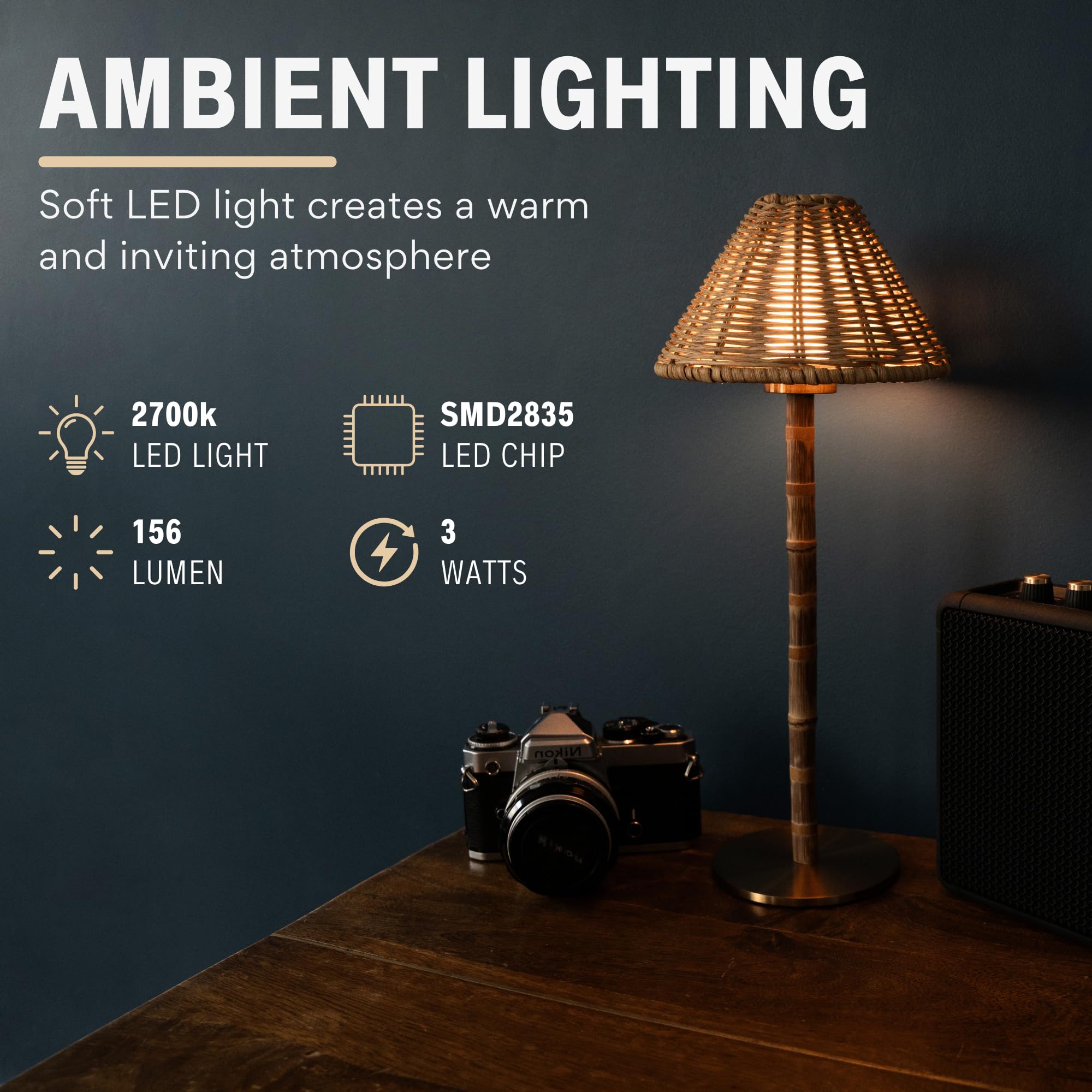 Bambus Kabellose LED Tischlampe - Wiederaufladbare 24-Stunden-Akku, Dimmbares Warmes Licht, Tragbare Kabellose Lampe mit Fernbedienung für Innen/Außen, Haus, Terrasse, Restaurant - (NATURAL RATTAN