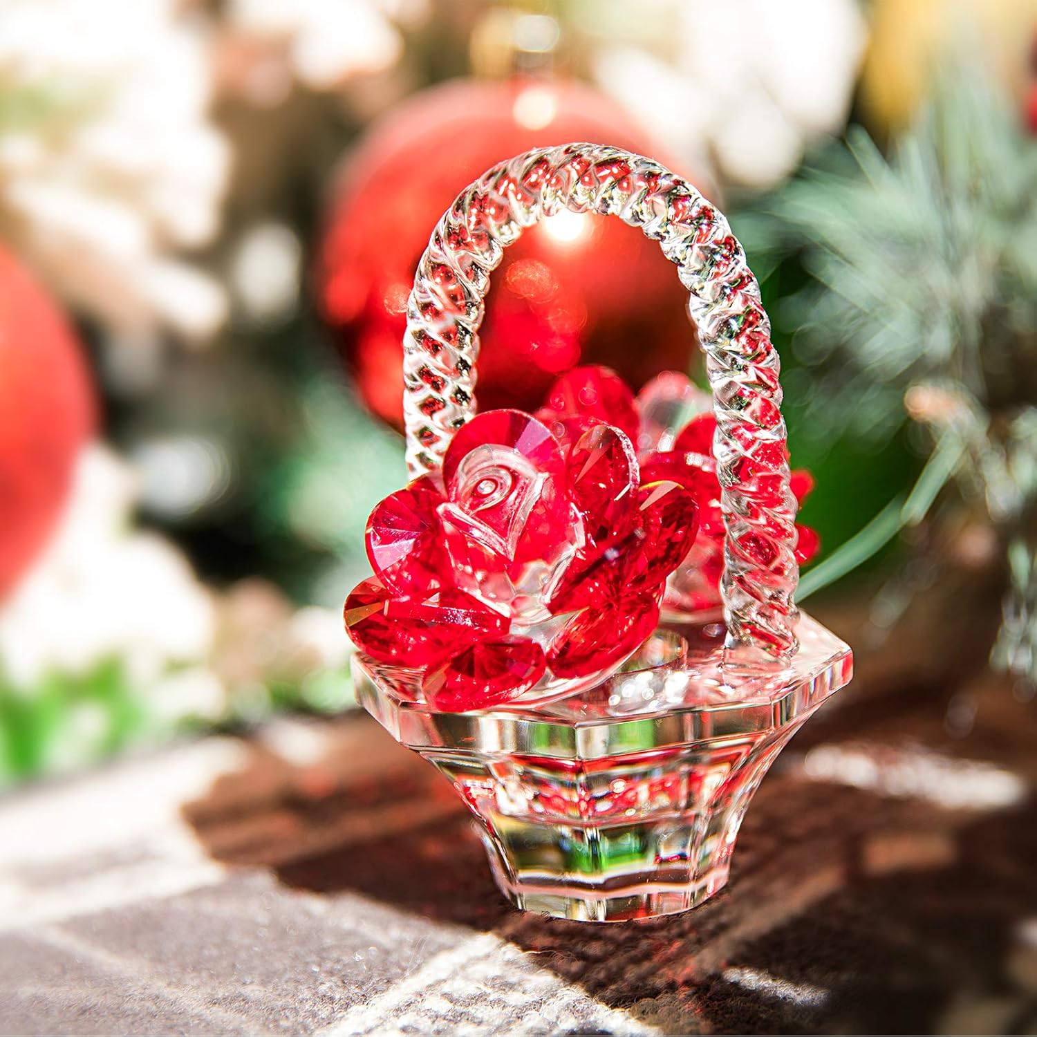 H&D HYALINE & DORA Crystal Red Rose Flower Basket Crystal Collectible Figurines Ornaments for Home Decor Table Centerpiece : Home & Kitchen