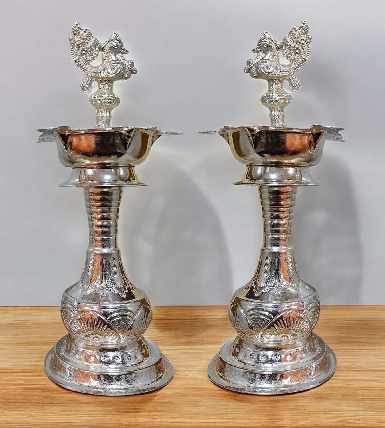 German Silver 11 Inch Peacock Handle Ring Design Diya for Home Pooja, Temple Decor K4414