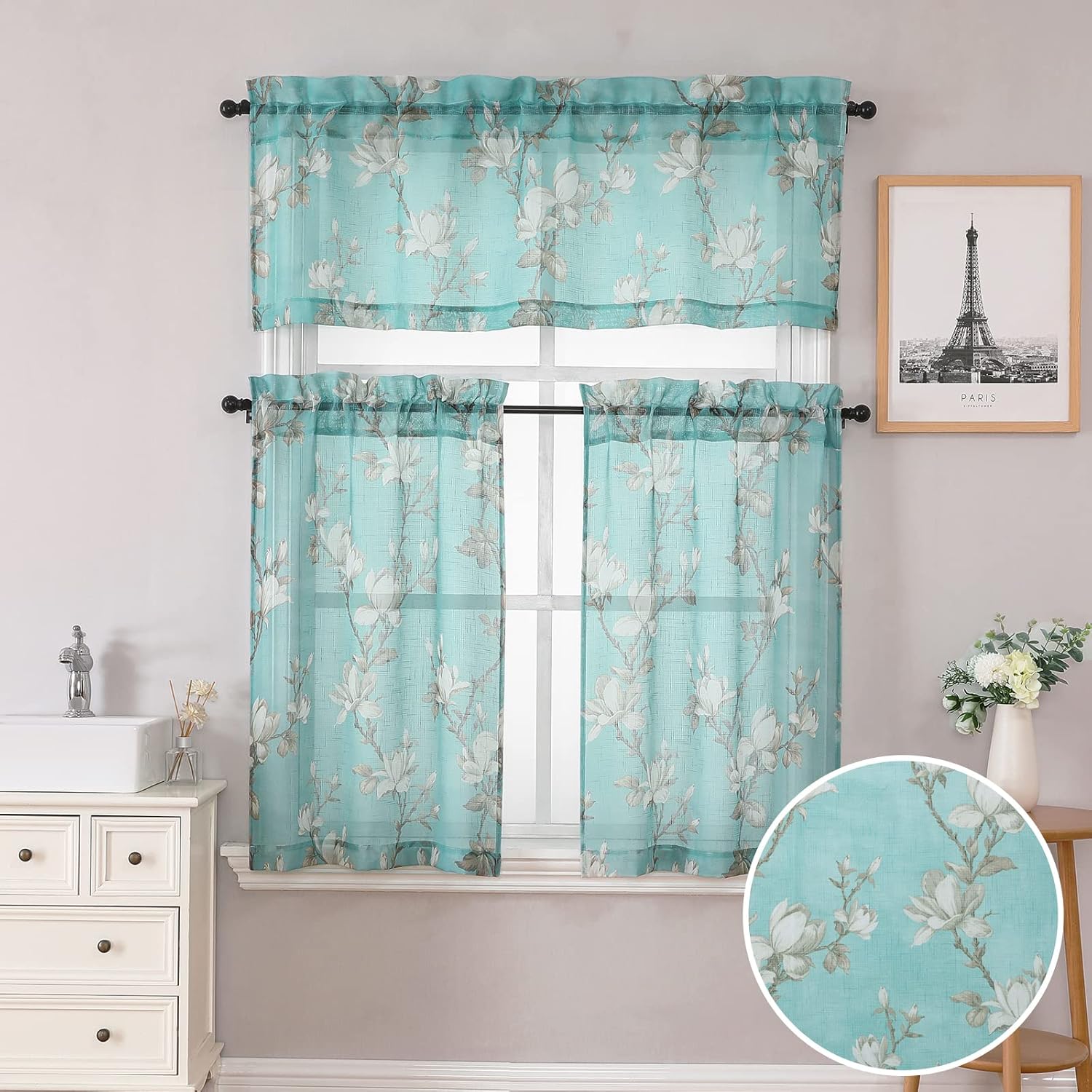SMILE WEAVER Sheer Curtains Valance Floral Printed Bedroom Curtain