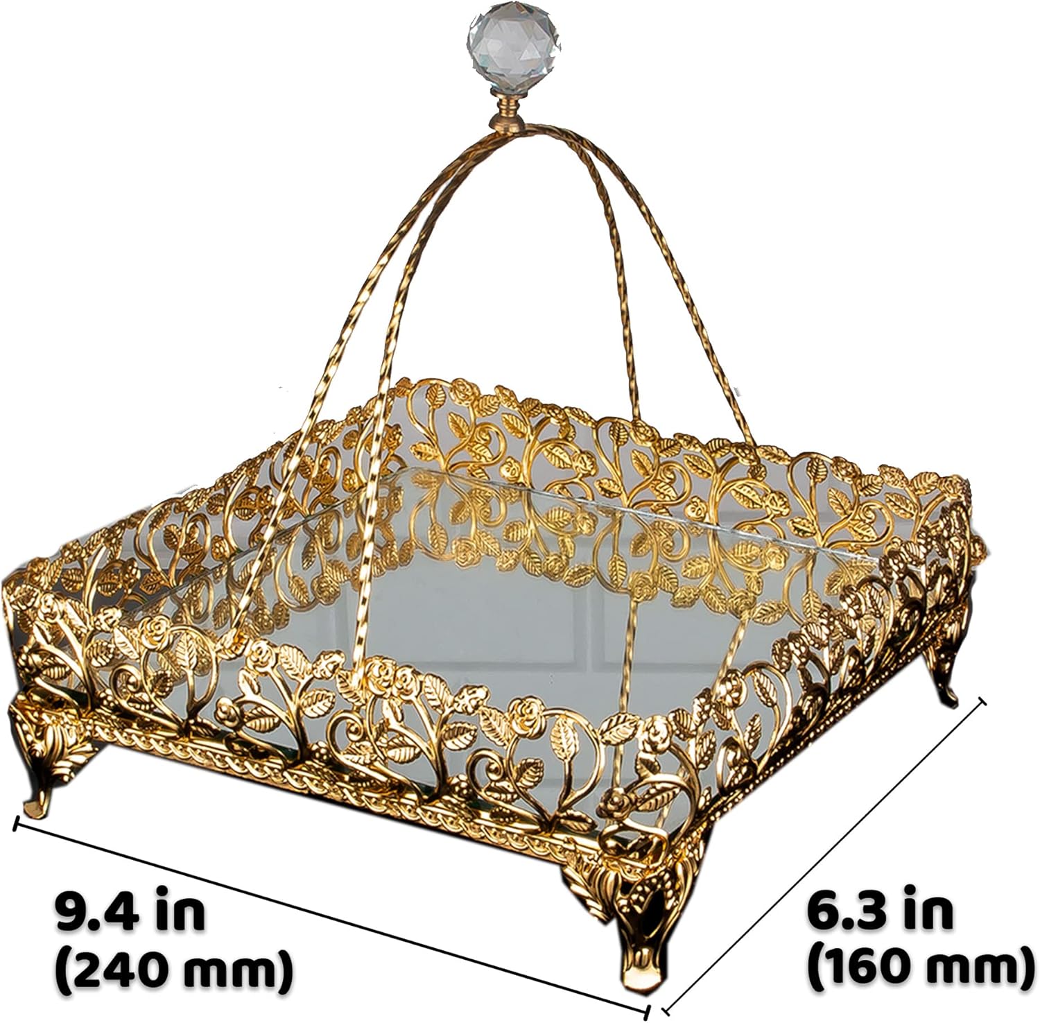 Metal Handmade Filigree Mirrored Basket for Gift, Fancy Perfume Trays for Dresser, Square Mirror Bathroom Vanity Tray (Small, Gold)