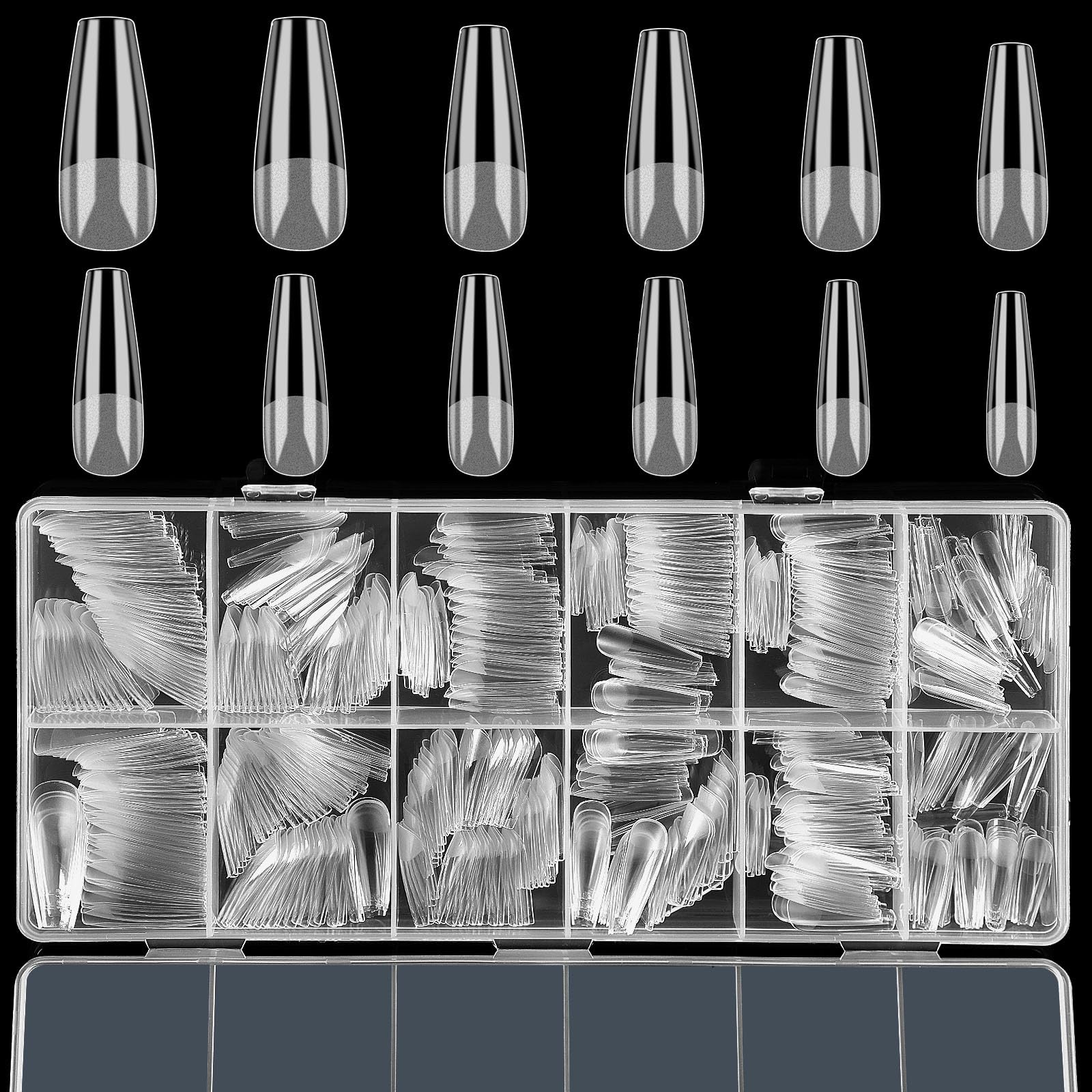 FEBSNOW 600 Pcs Long Coffin Fake Gel Nail Tips Full Cover Clear Acrylic False Ballerina Press On Nails for Nail Extension Home DIY Nail Salon,12 Size