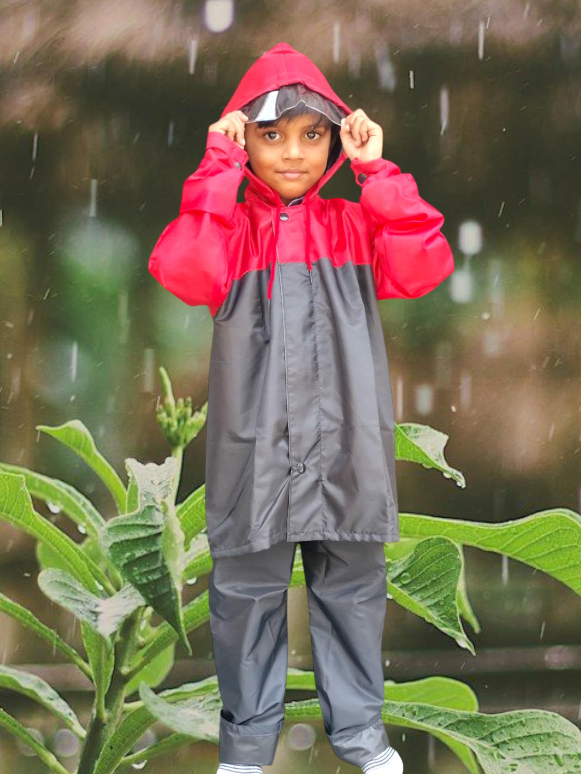 D8211K Boy's & Girl's Top + Bottom Portable Light Weight Rain Coat with Hooded & Long Sleeves for Outdoor Activity (IN, Age, 6 Years, 7 Years, Red & Black) - Image 6 thumbnail