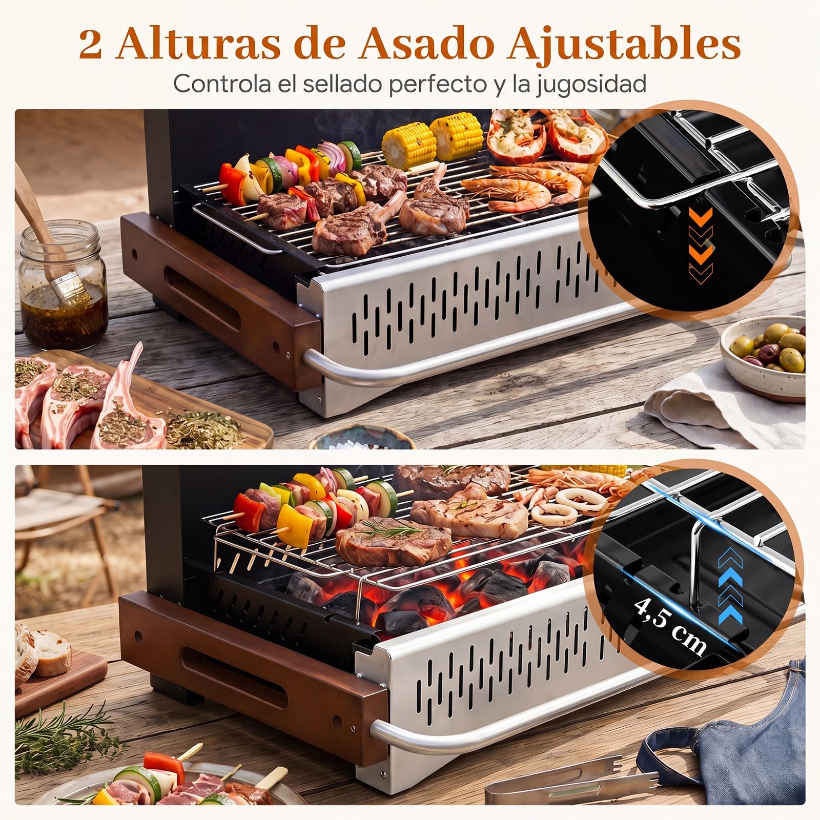 COSTWAY Mini Barbacoa Carbón Mesa Plegable, Parrilla Portátil,(62x43,5 cm) | Metal, Rejilla de Cocción Ajustable en Altura, Orificios de Ventilación, BBQ Camping Picnic Tereaza