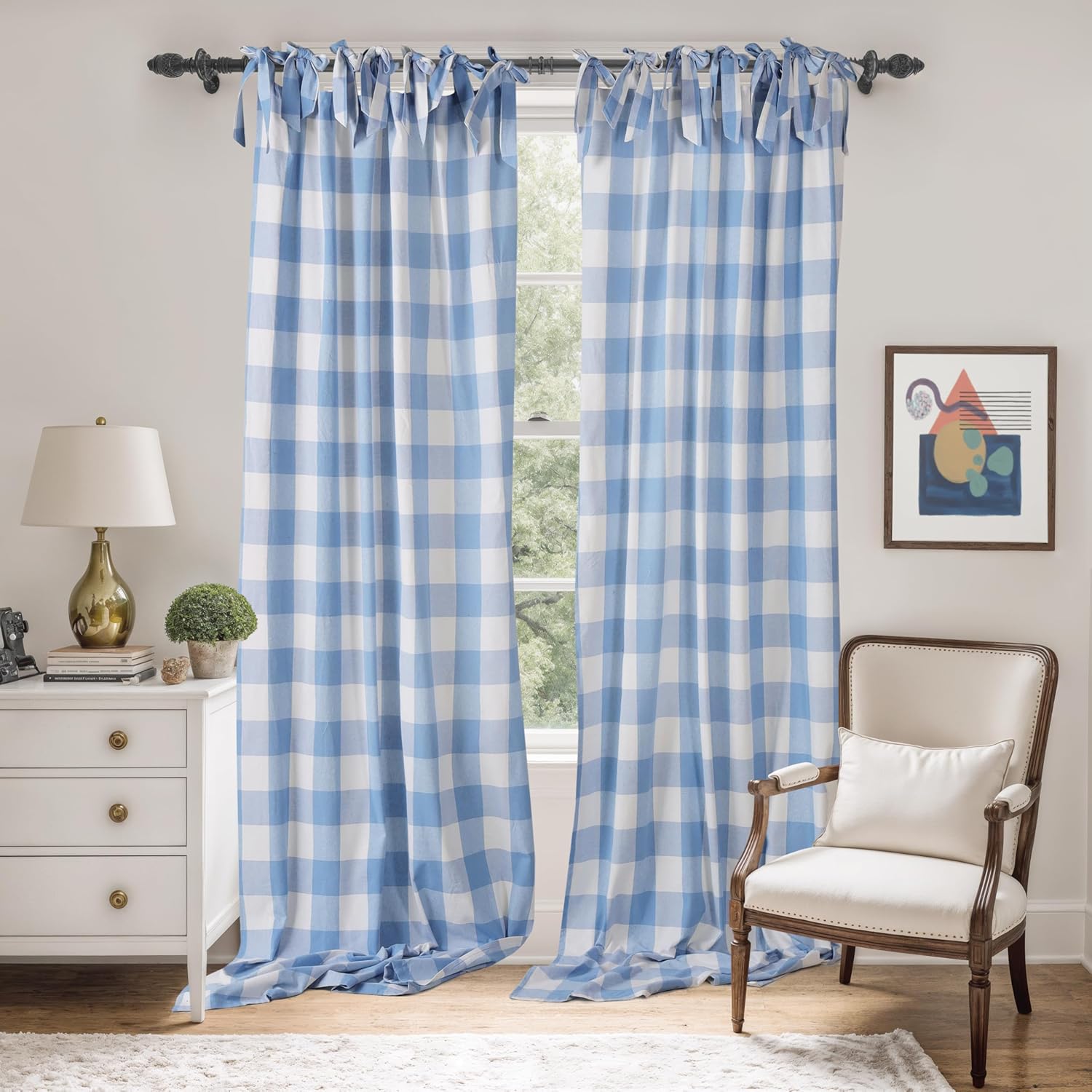 THE ART BOX Farmhouse Buffalo Plaid Check Tartan Curtains, Light Filtering Window Drapes for Living Room & Bedroom, Woven Plaid Pattern with Bow Tie Top, 2 Panels, 42" x 72", Light Chambray
