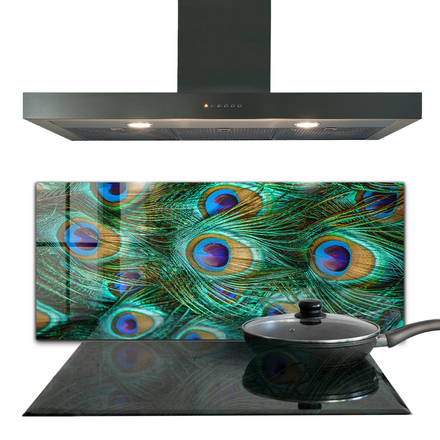 Décoration murale plumes de paon pour habiller votre crédence de cuisine en verre
