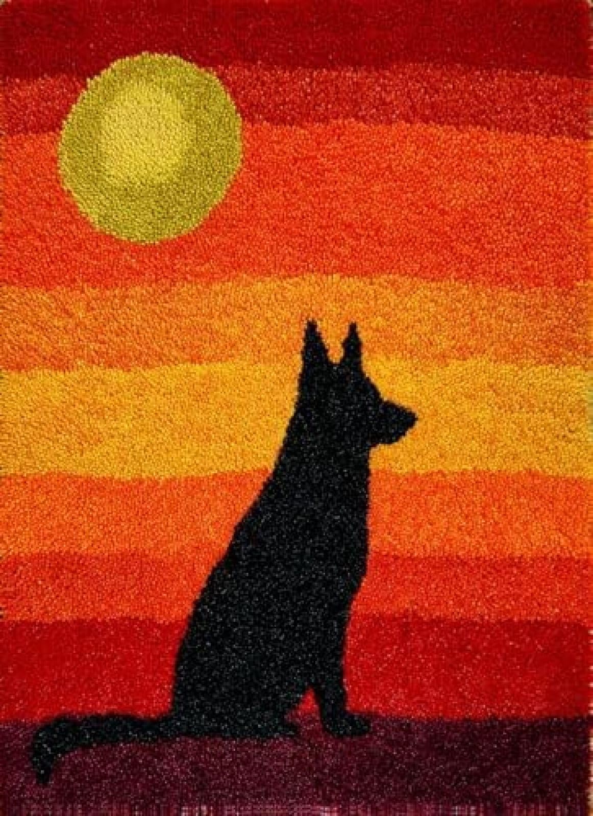 XDEGHUANGSS Latch Hook Rug Kit German Shepherd Dog Sit Under Sunset Cushion Cover DIY Craft Set Pre-Printed Mat 38x52cm for Home Decor-3
