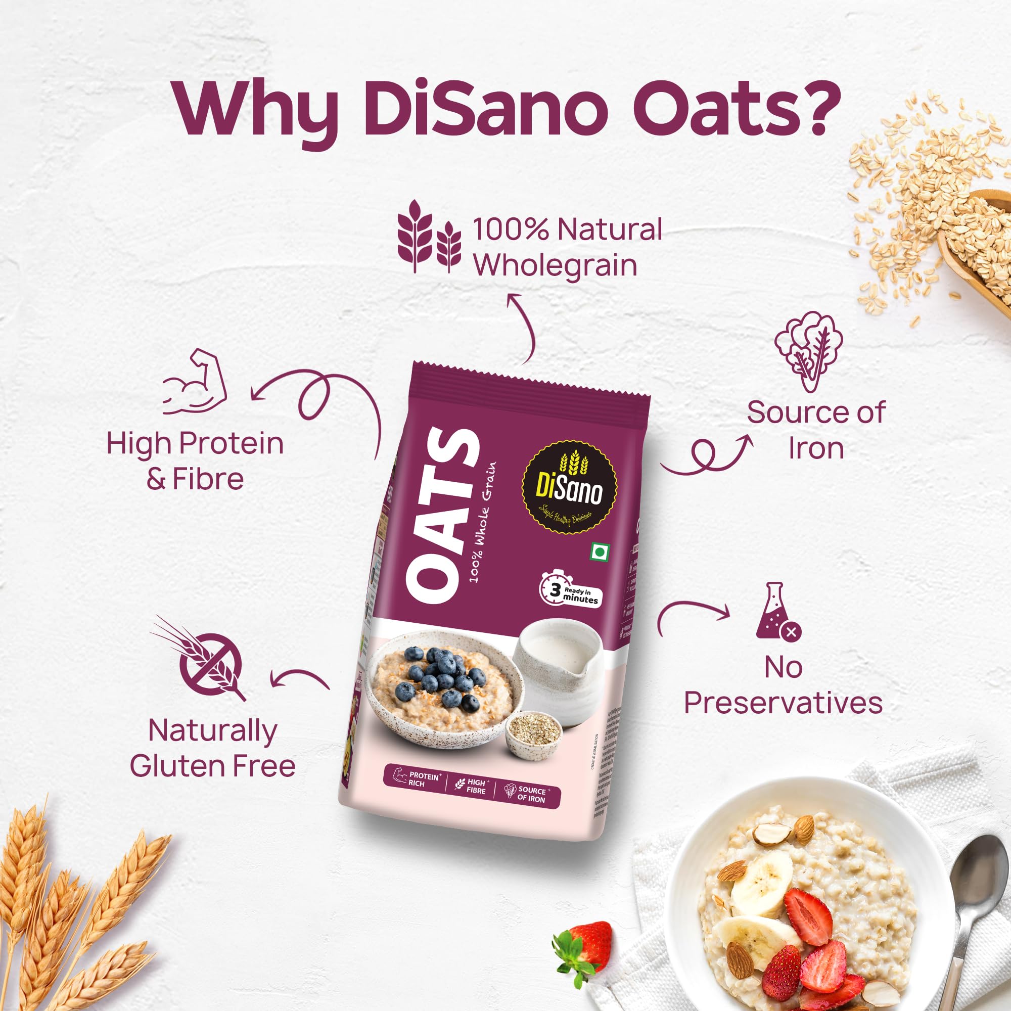 DiSano Oats 1kg (Pack of 2), Instant Oats, Wholegrain, High Fibre, Source of Protein 3