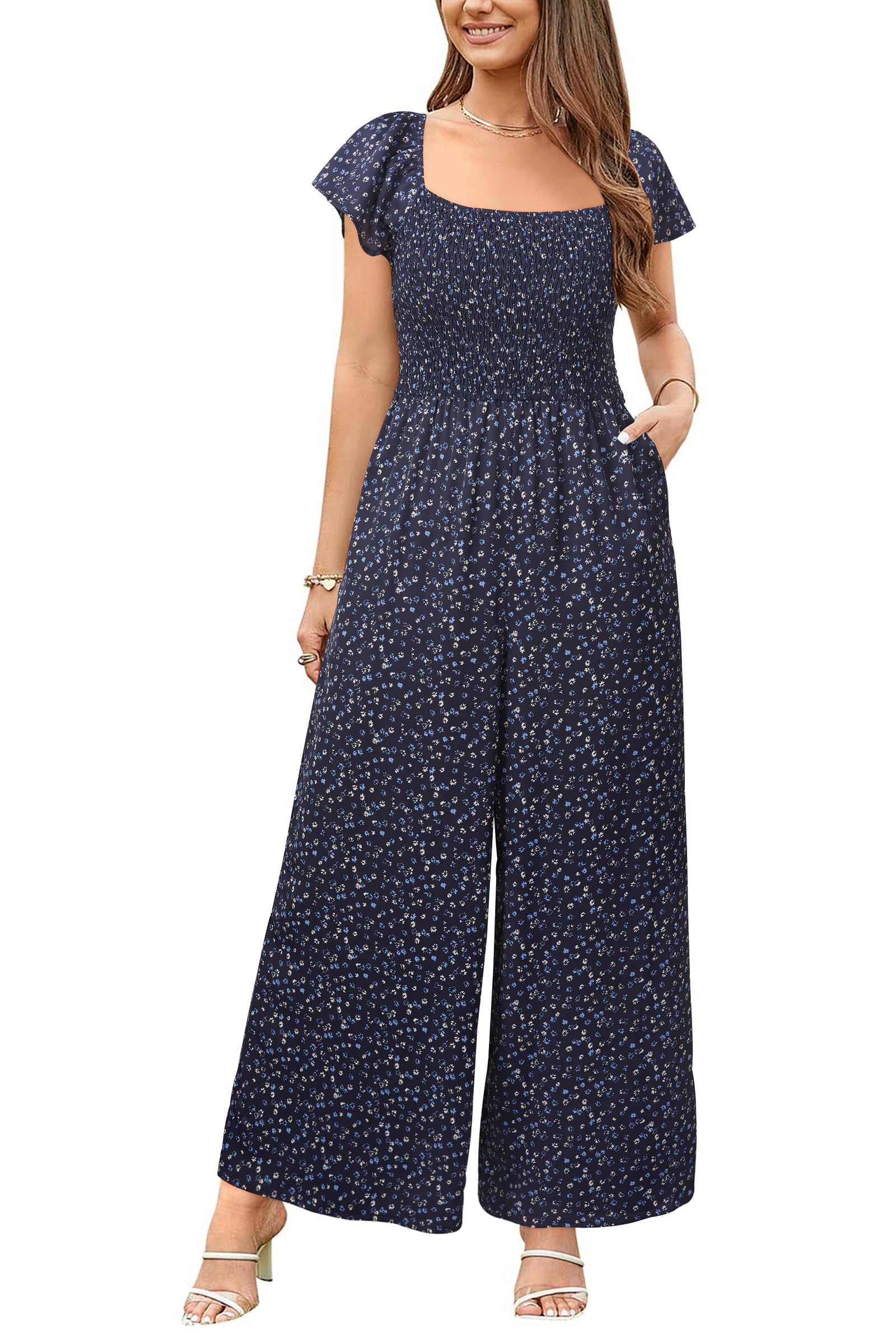 VOTEPRETTY Jumpsuit Damen Elegant Sommer Kurzarm Quadratisch