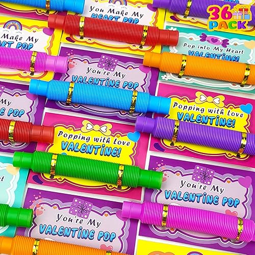 Kannove Tarjetas de intercambio de regalos para el día de San Valentín para niños y niñas, paquete de 36 tubos para reventar burbujas, juguetes para