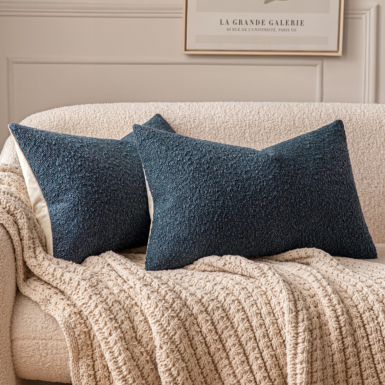 ANRODUO Set of 2 Cozy Boucle Pillow Covers Decorative Rich Textured Throw Pillow Covers 12x20 Inch Lumbar Soft Accent Double-Sided Couch Cushion Case for Sofa Bed Living Room Spring Decor Navy Blue