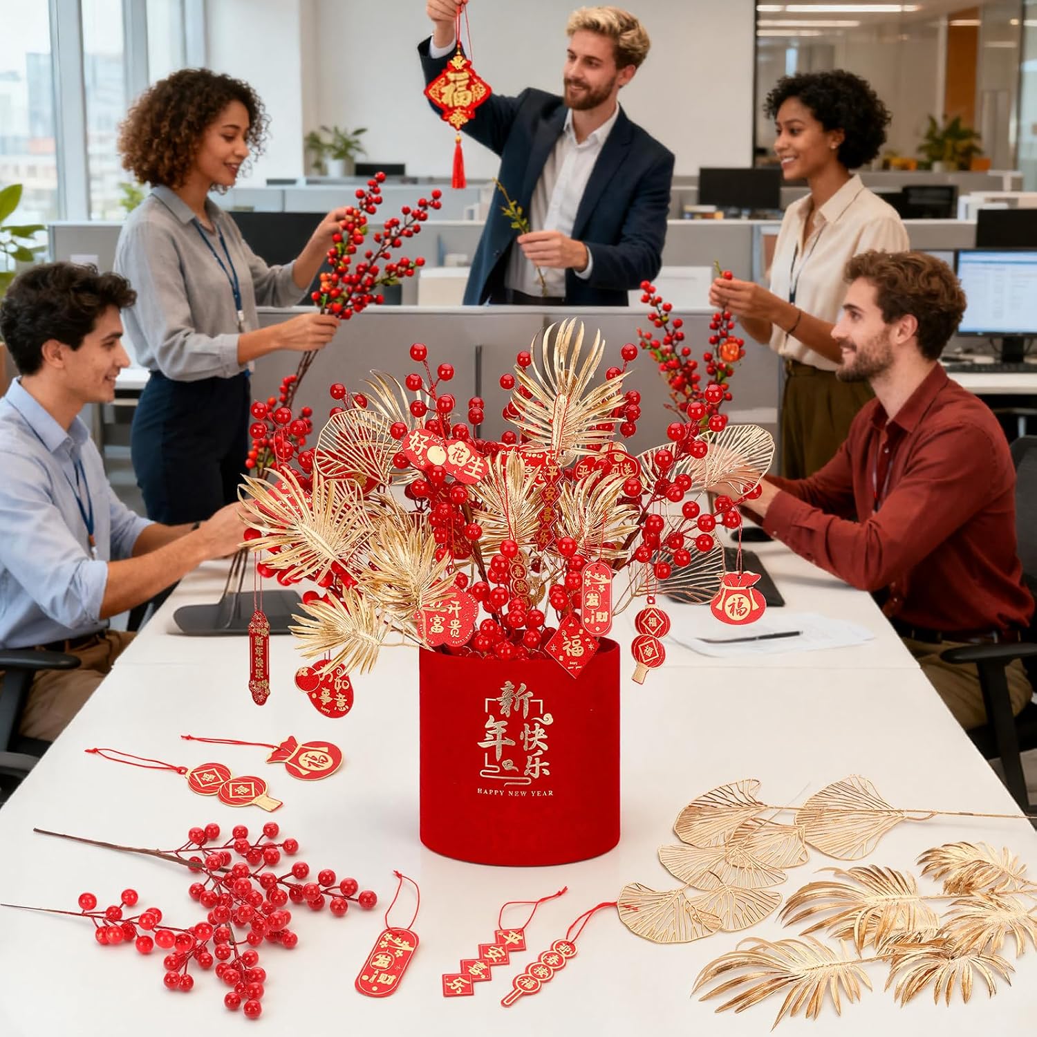 Norme 32 Pack Chinese New Year Decorations 14 Pcs Artificial Red Berries and Gold Leaves Branches with 18 Pcs Decor Pendants, Lunar New Year Table Centerpiece Fortune Lucky Tree Floral Arrangement