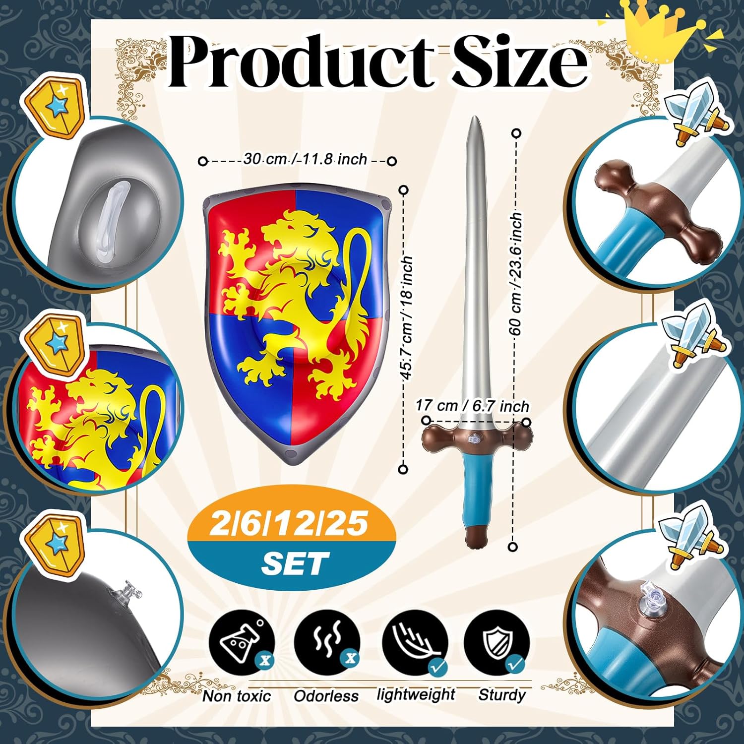 Poen Inflatable Sword and Shield Knight Party Favors Set Blow up Medieval Sword Shield for Prince Party Favors Decorations Cosplay Accessories(4 Pcs,Lion)