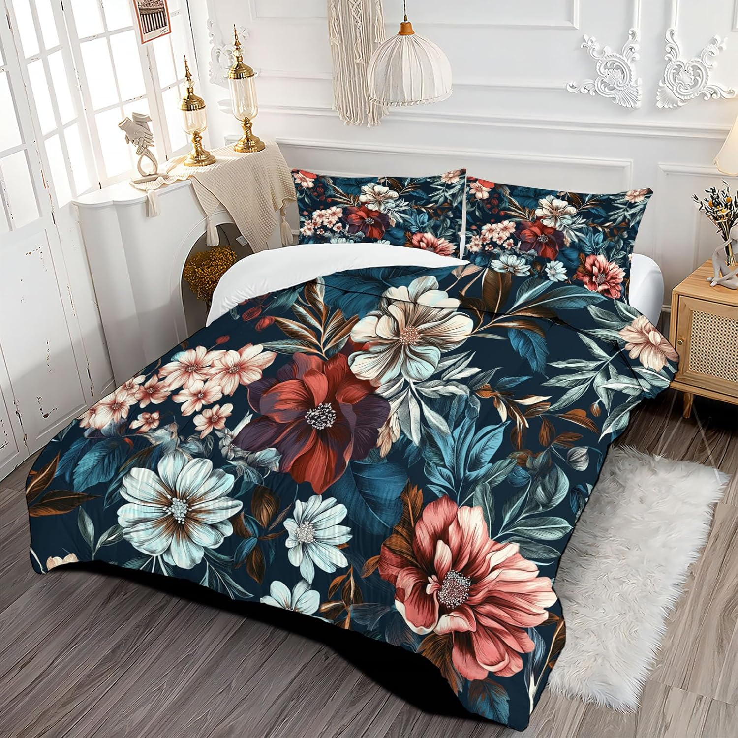 3D Abstract Garden Comforter Set King Size Bedding Set Rustic Flowers All Season Down Comforter Printed Quilted with 2 Pillow Shams for Kids, Teens, Adults 104 x 90in Indigo