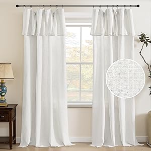 PrinceDeco Linen Curtains with Attached Valance for Living Room, Light Filtering Farmhouse Semi-Sheer Treatments Rod Pocket/Ring Top for Bedroom, 2 Panels Set - W52 x L108 Inch, White