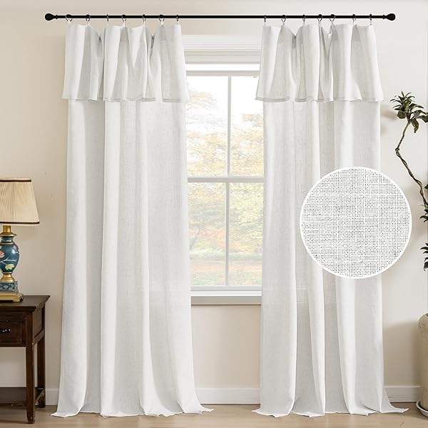PrinceDeco Linen Curtains with Attached Valance for Living Room, Light Filtering Farmhouse Semi-Sheer Treatments Rod Pocket/Ring Top for Bedroom, 2 Panels Set - W52 x L108 Inch, White