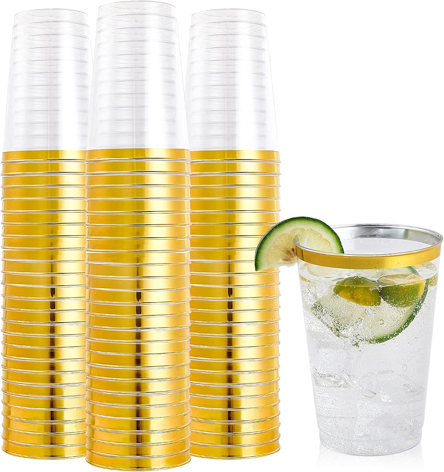 FOCUSLINE 100 Pack 12 oz Gold Rimmed Plastic Cups, 12 Ounce Clear Plastic Tumblers, Heavy-duty & Fancy Disposable Hard Cups with Gold Rim for Wedding 12oz-Gold Rimmed 100 Count (Pack of 1)