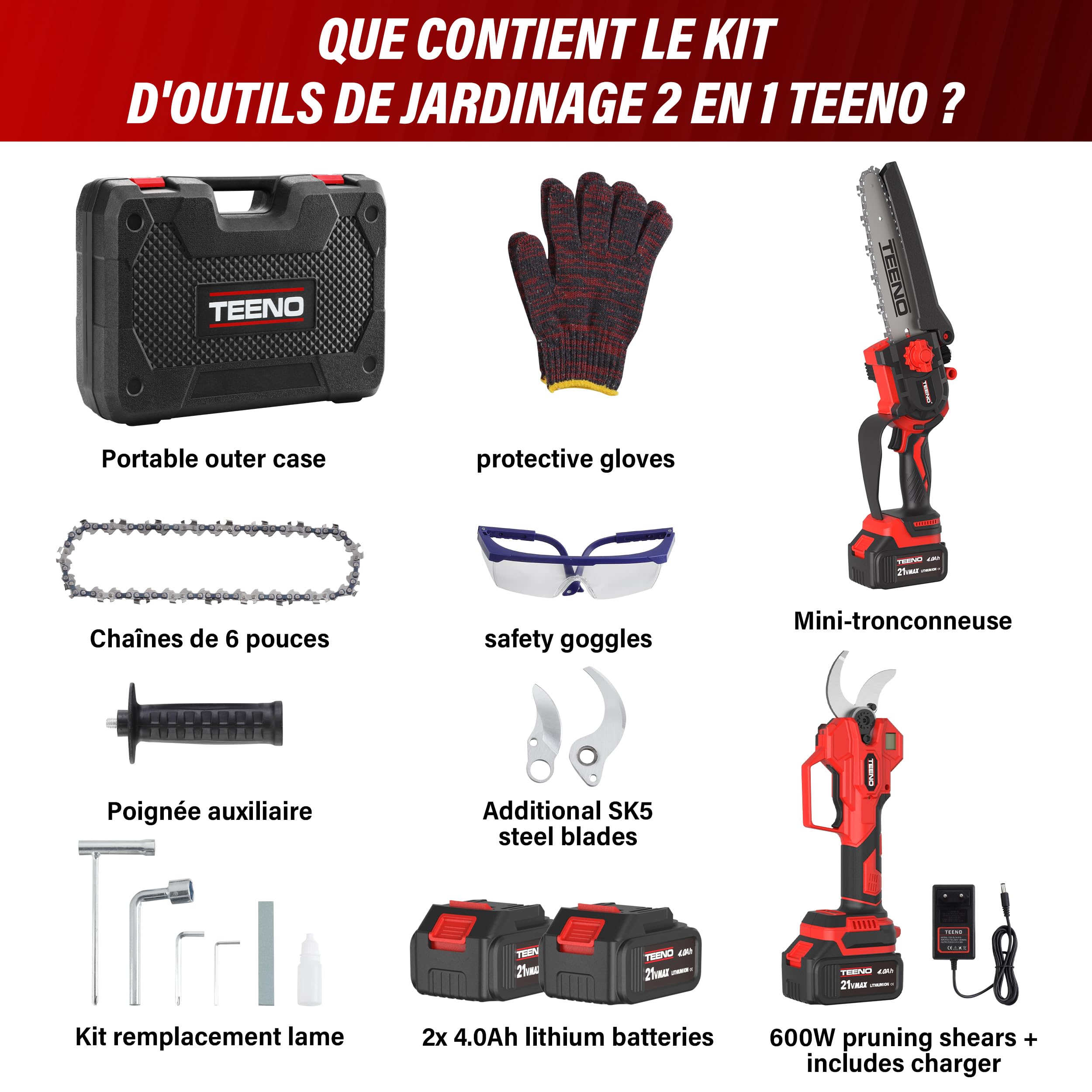 TEENO 2 en 1 Ensemble d'Outils de Jardinage : Mini Tronconneuse à Batterie 6 Pouces + Sécateur Électrique Sans Fil 0-40mm, 2 X 4.0 Ah Batteries, Lames Acier SK5 pour Coupe de Troncs et Branches