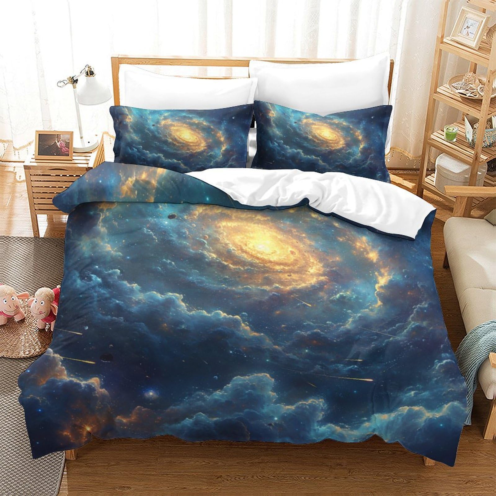 Housse de couette galaxie king size parure de lit 3 pièces microfibre