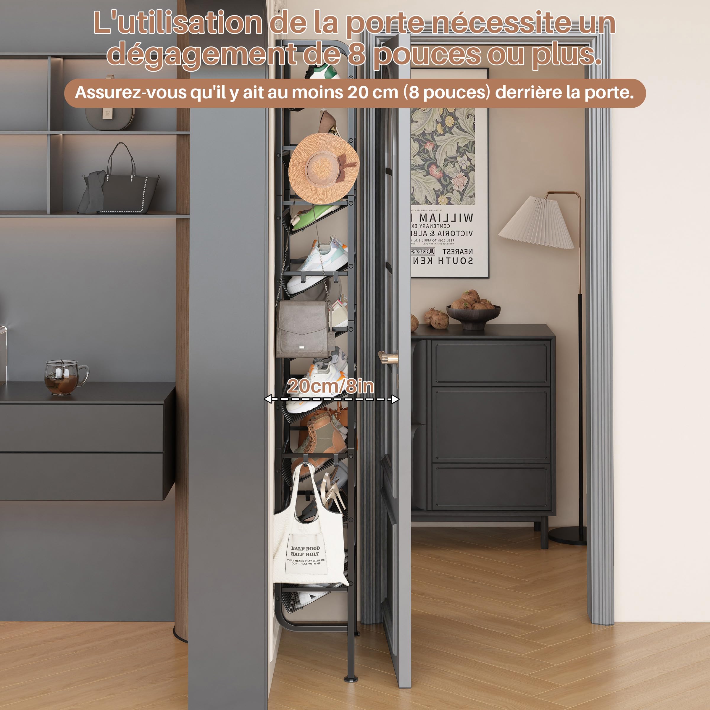 Étagère à Chaussures pour Porte, Noir, 45,4 x 20 x 175 cm | 9 Niveaux, Métallique, ModèLe Ouvert avec 12 Crochets - Garde-Manger, Couloir, Salon