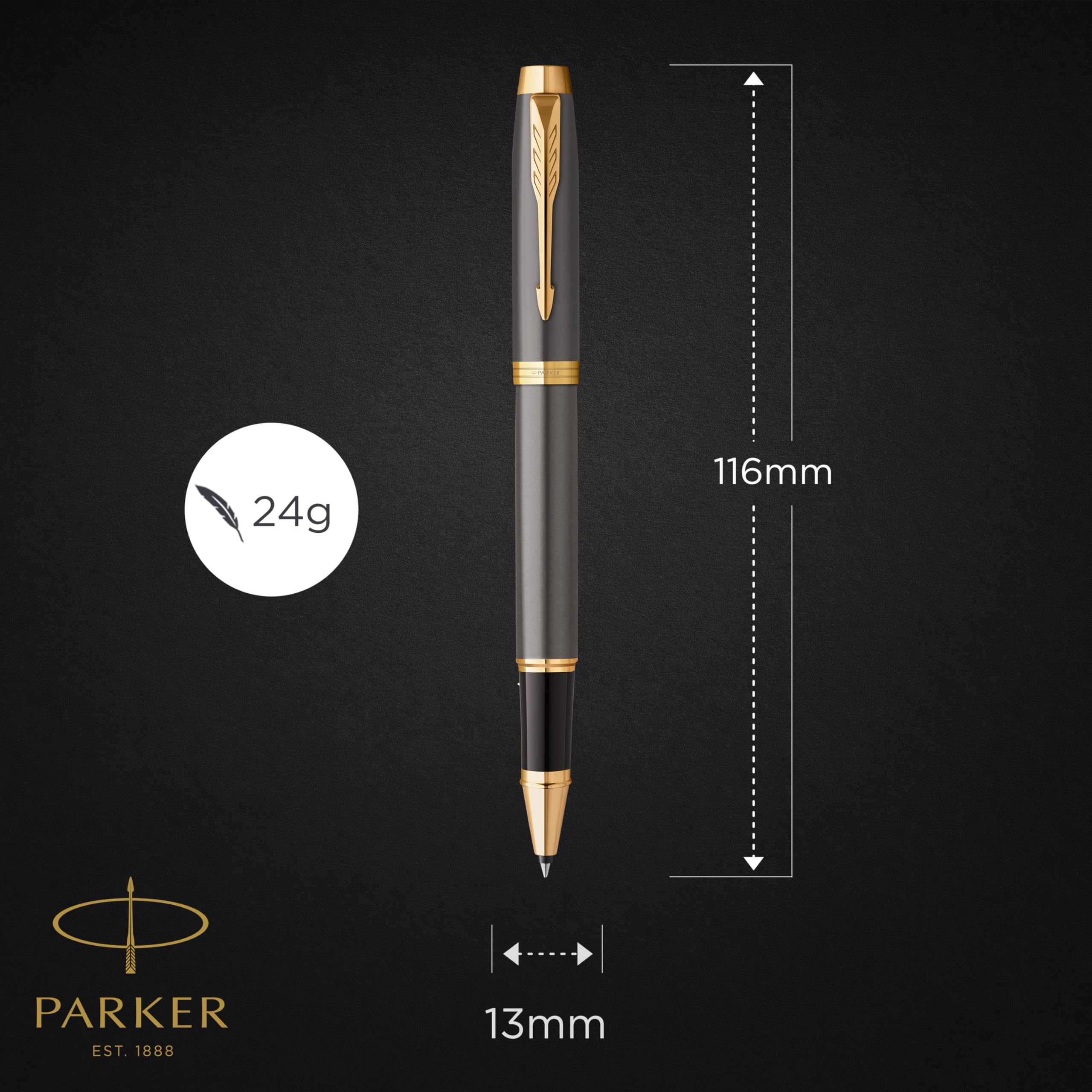 Parker IM Stylo Roller | Laque Grise avec Finitions Or | Pointe Fine en Acier Inoxydable | Recharge d'Encre Noire | Coffret Cadeau | Cadeaux de Fin d'Études Parfaits